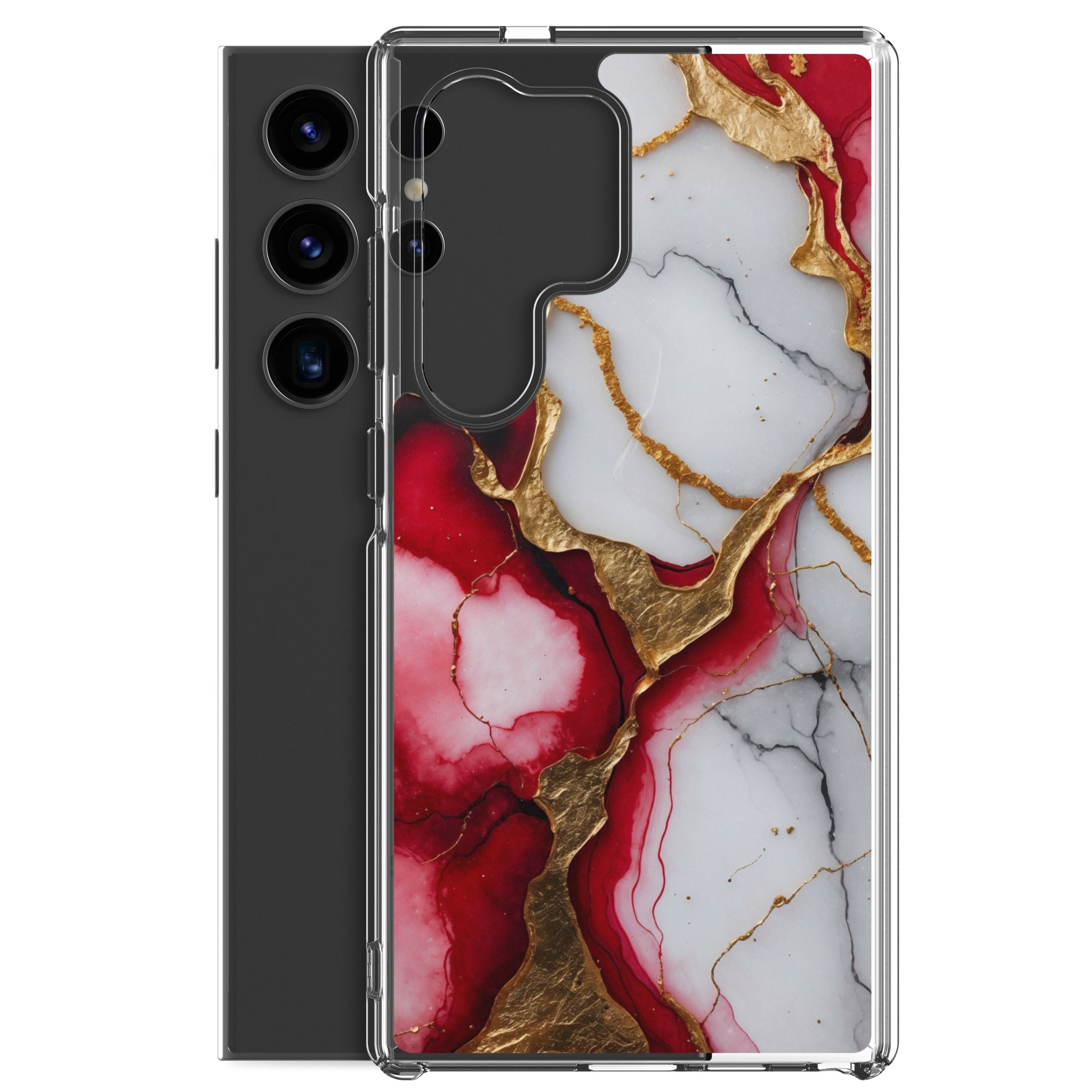 Red Marble Gold Veins Clear Case for Samsung Galaxy S24 Ultra – Luxury Abstract Protective Cover