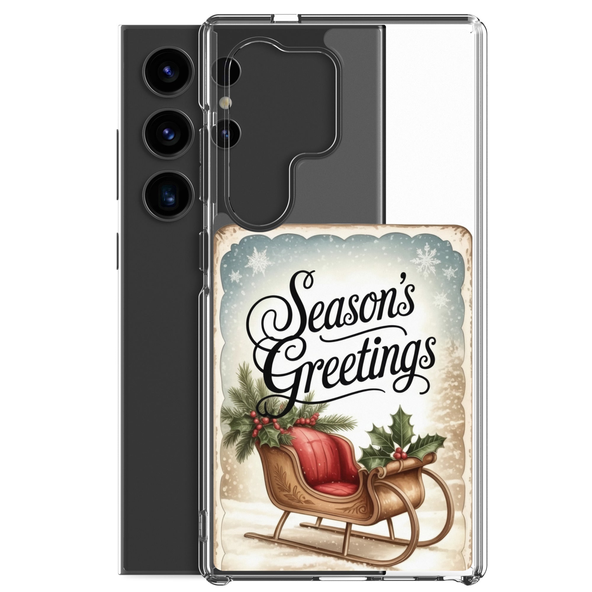Season’s Greetings Sleigh Clear Case for Samsung Galaxy S24 Ultra – Vintage Christmas Protective Cover