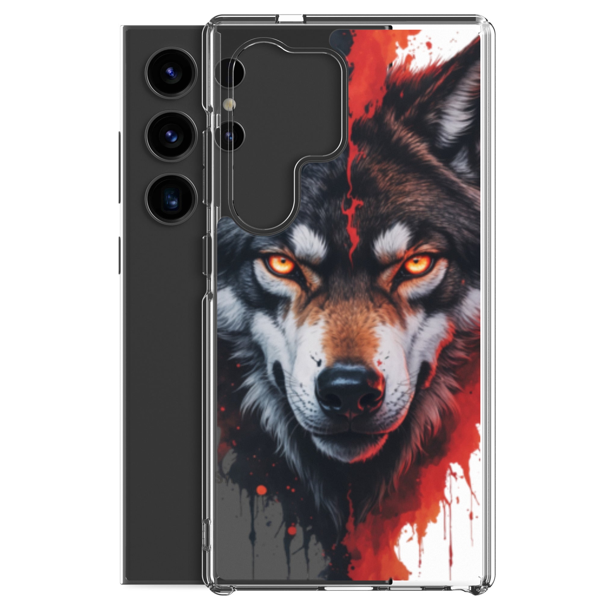 Fierce Wolf Portrait Clear Case for Samsung Galaxy S24 Ultra – Dark Animal Art Protective Cover