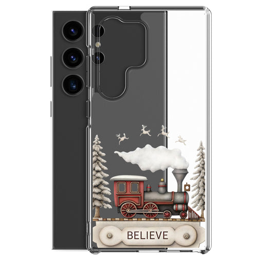 Believe Winter Train Clear Case for Samsung Galaxy S24 Ultra – Minimal Christmas Protective Cover