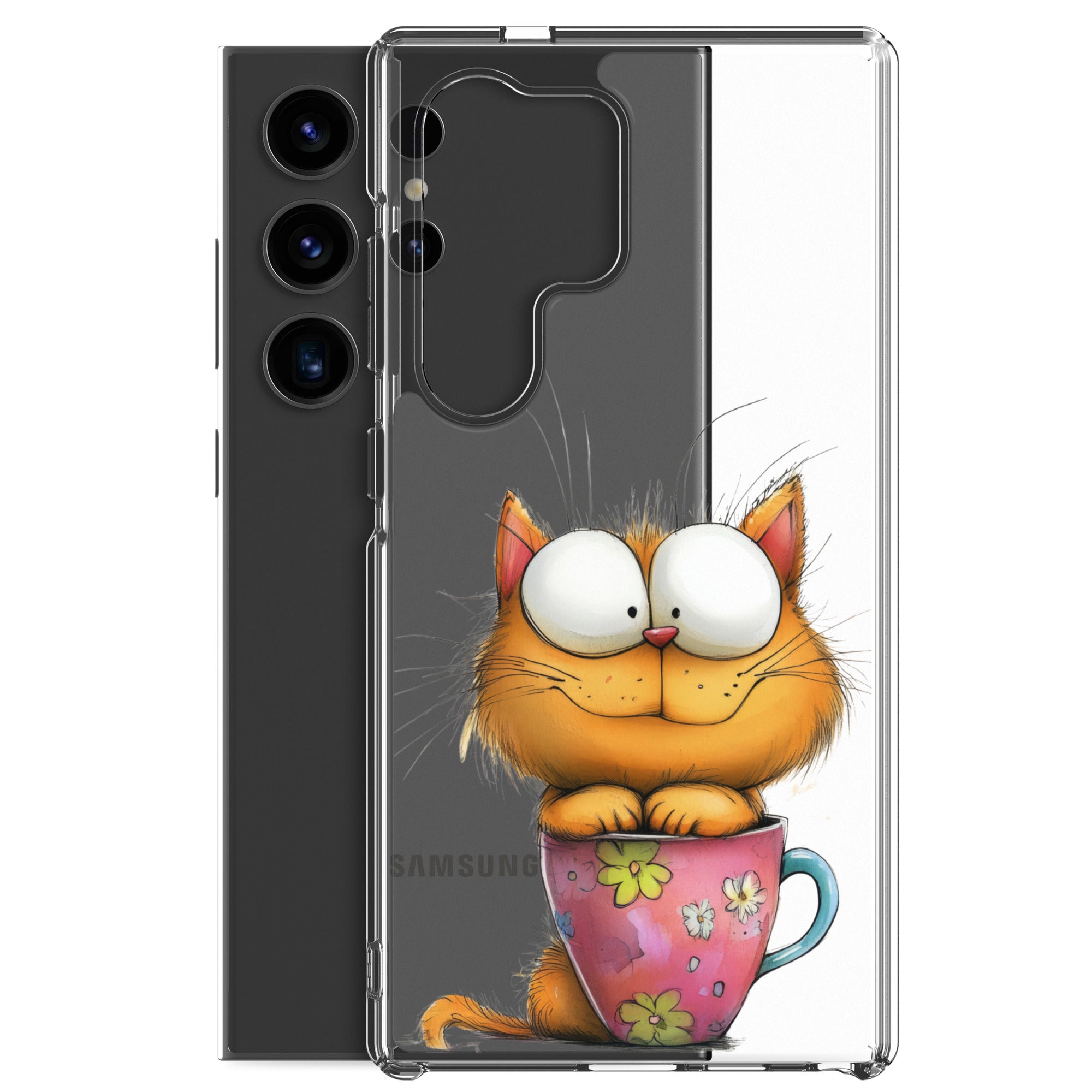 Cute Cat in a Cup Clear Case for Samsung Galaxy S24 Ultra – Playful Illustrated Protective Cover