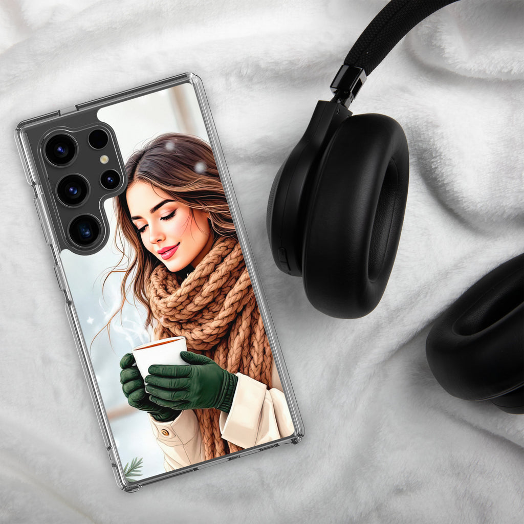 Winter Coffee Moment Clear Case for Samsung Galaxy S24 Ultra – Cozy Portrait Protective Cover