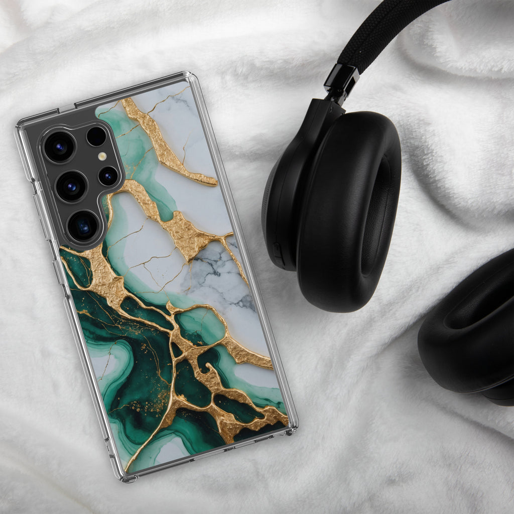 Emerald Green Marble Gold Veins Clear Case for Samsung Galaxy S24 Ultra – Luxury Stone Protective Cover
