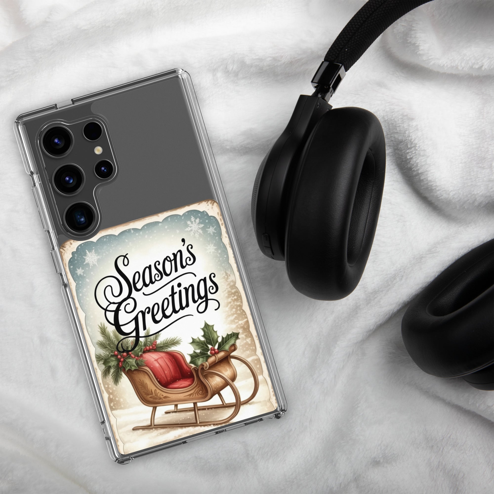 Season’s Greetings Sleigh Clear Case for Samsung Galaxy S24 Ultra – Vintage Christmas Protective Cover