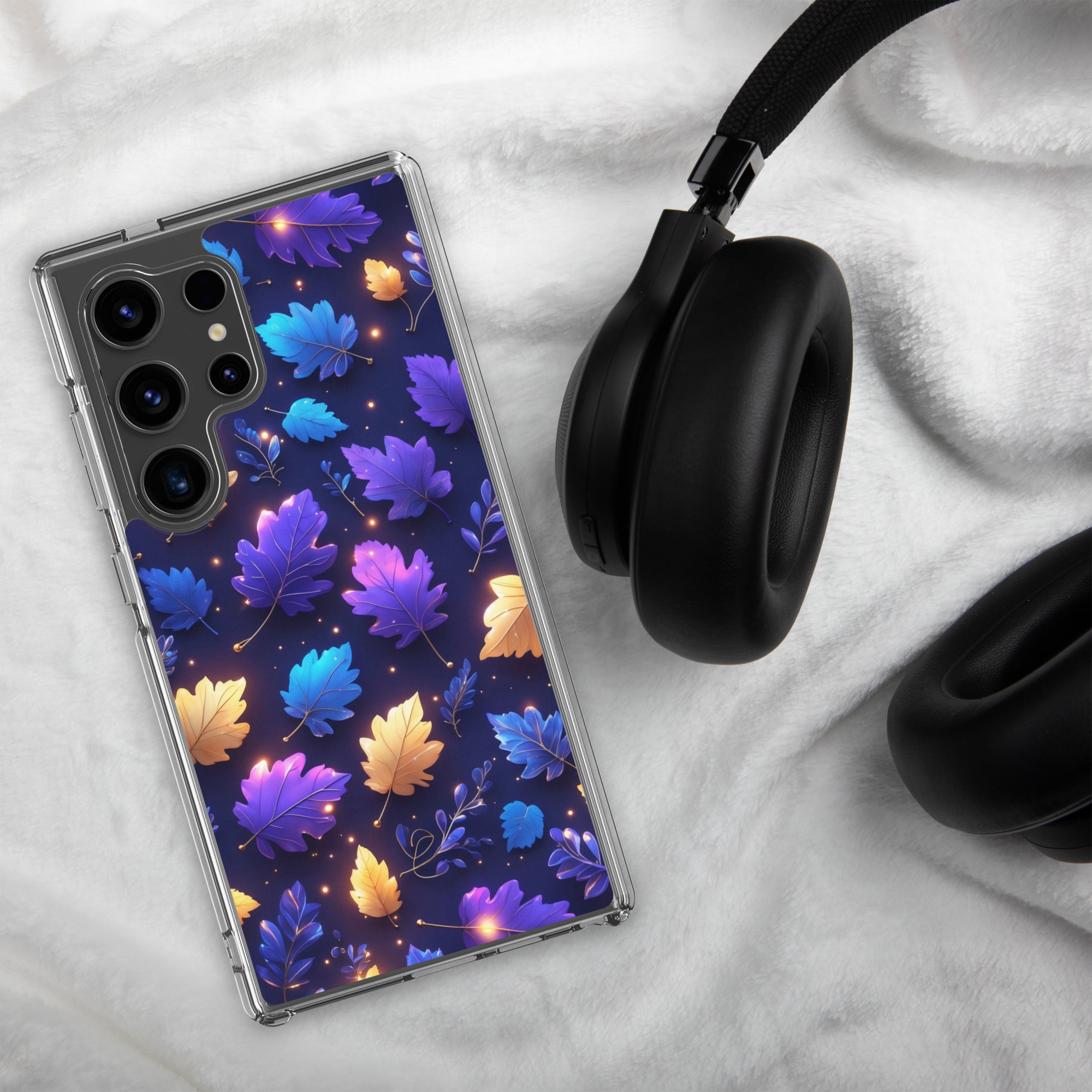 Glowing Autumn Leaves Clear Case for Samsung Galaxy S24 Ultra – Colorful Night Nature Protective Cover