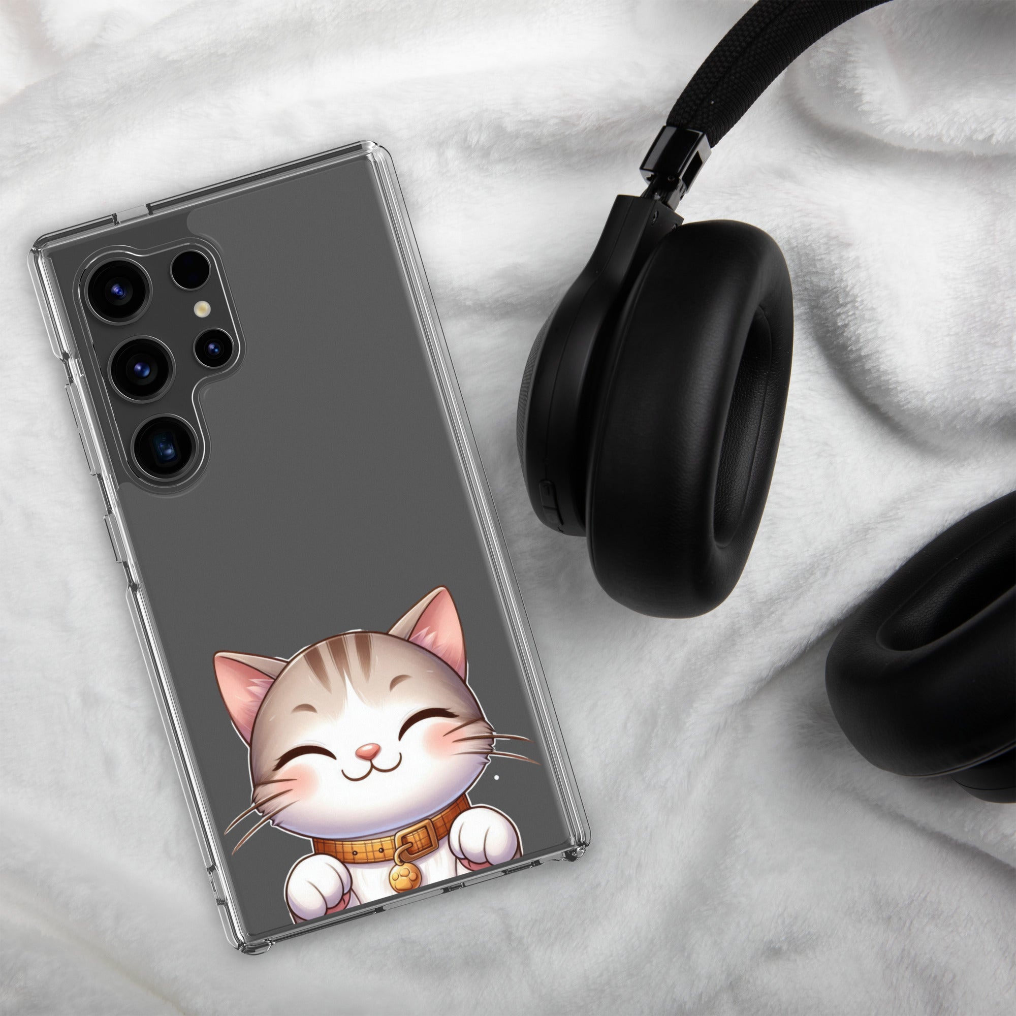 Cute Smiling Cat Clear Case for Samsung Galaxy S24 Ultra – Minimal Kawaii Protective Cover