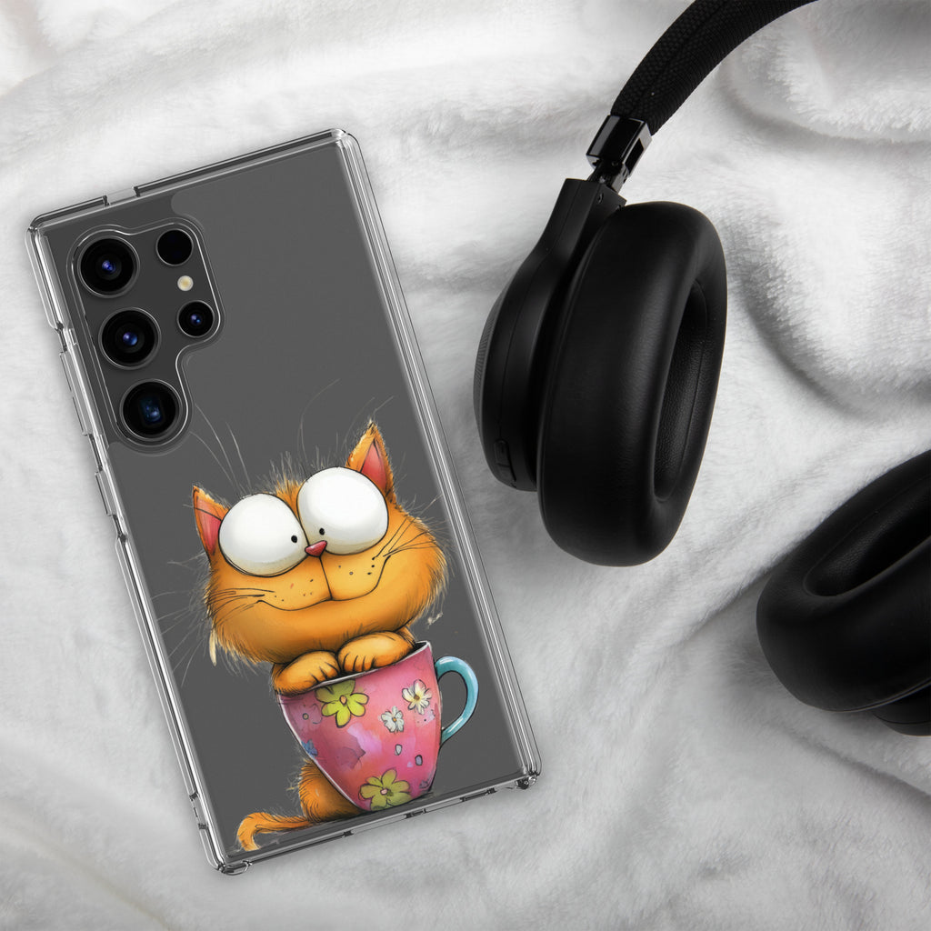 Cute Cat in a Cup Clear Case for Samsung Galaxy S24 Ultra – Playful Illustrated Protective Cover