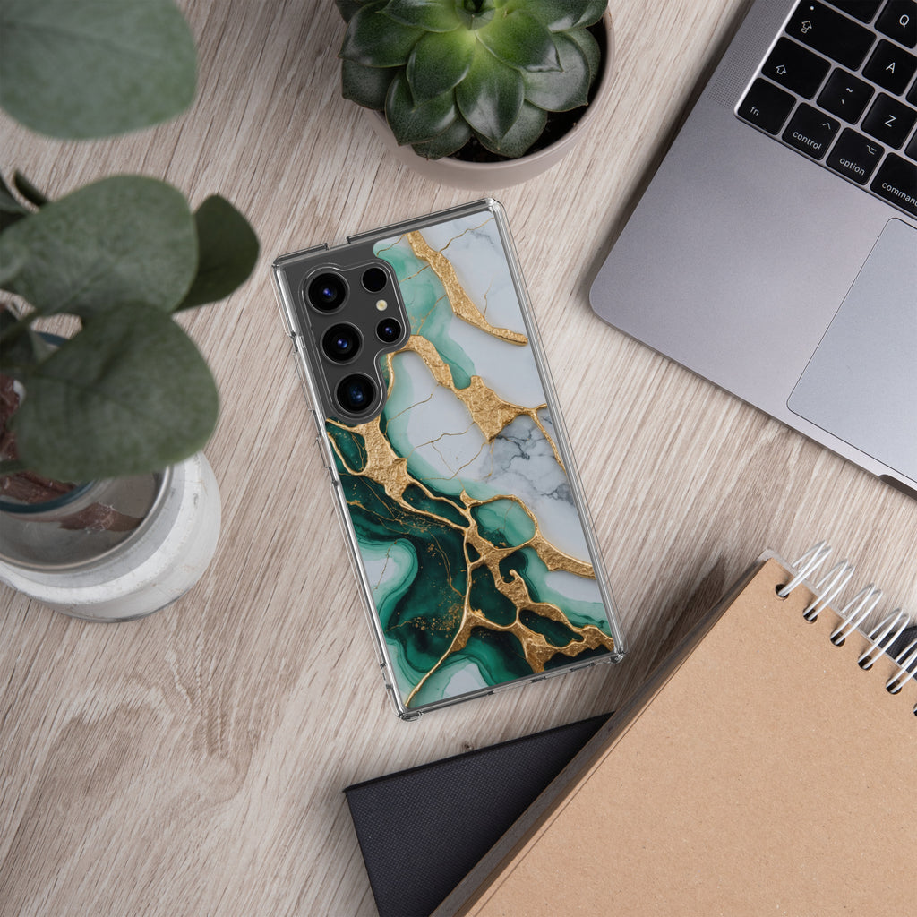 Emerald Green Marble Gold Veins Clear Case for Samsung Galaxy S24 Ultra – Luxury Stone Protective Cover