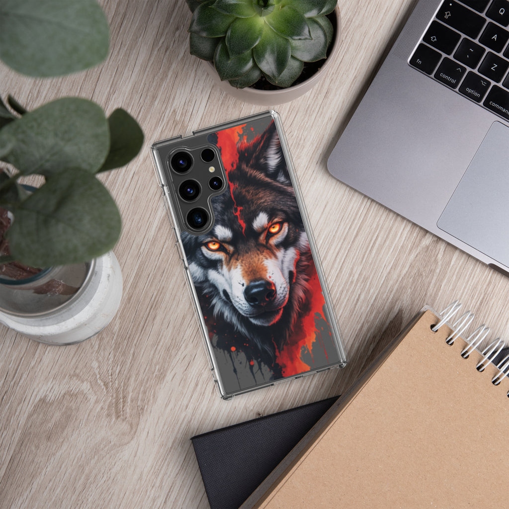 Fierce Wolf Portrait Clear Case for Samsung Galaxy S24 Ultra – Dark Animal Art Protective Cover