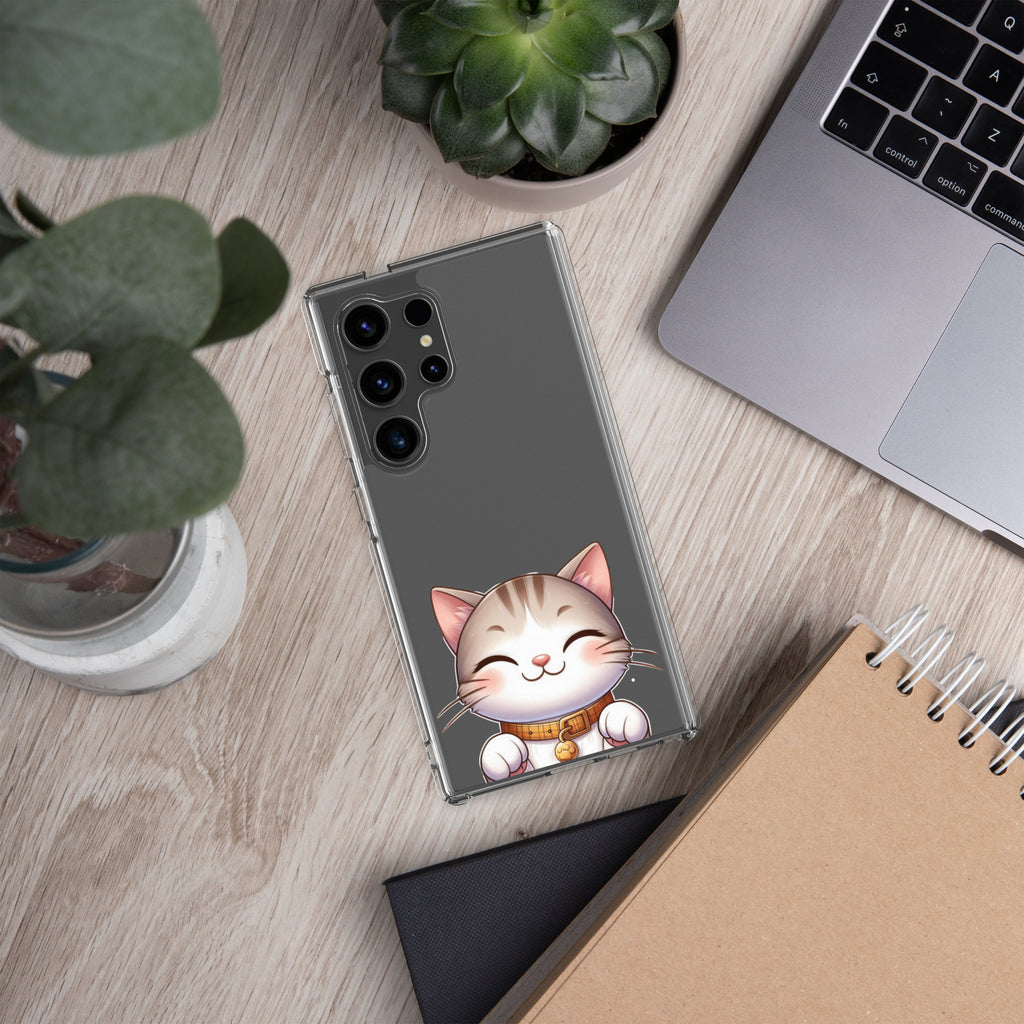 Cute Smiling Cat Clear Case for Samsung Galaxy S24 Ultra – Minimal Kawaii Protective Cover