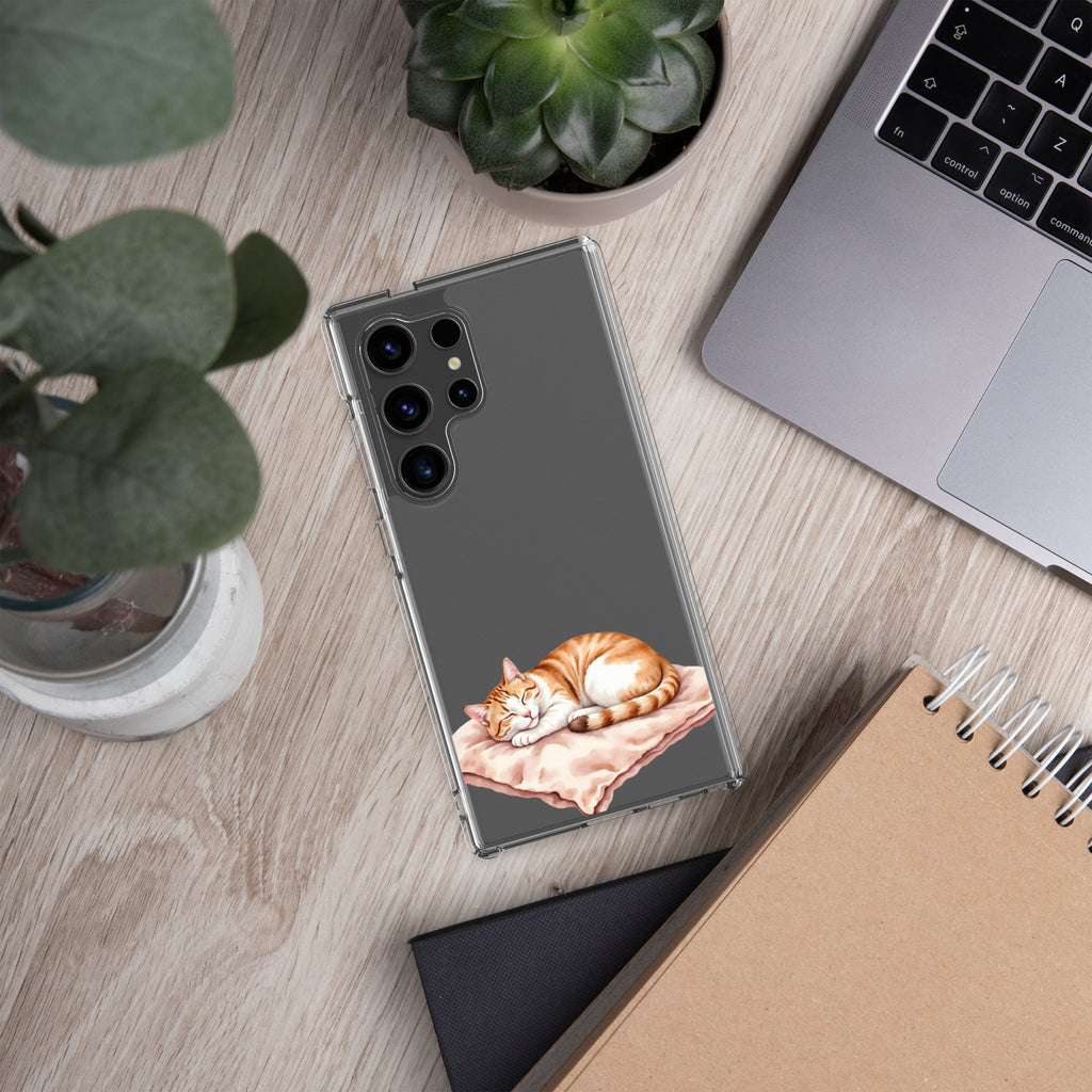 Sleeping Ginger Cat Clear Case for Samsung Galaxy S24 Ultra – Cozy Minimal Animal Protective Cover