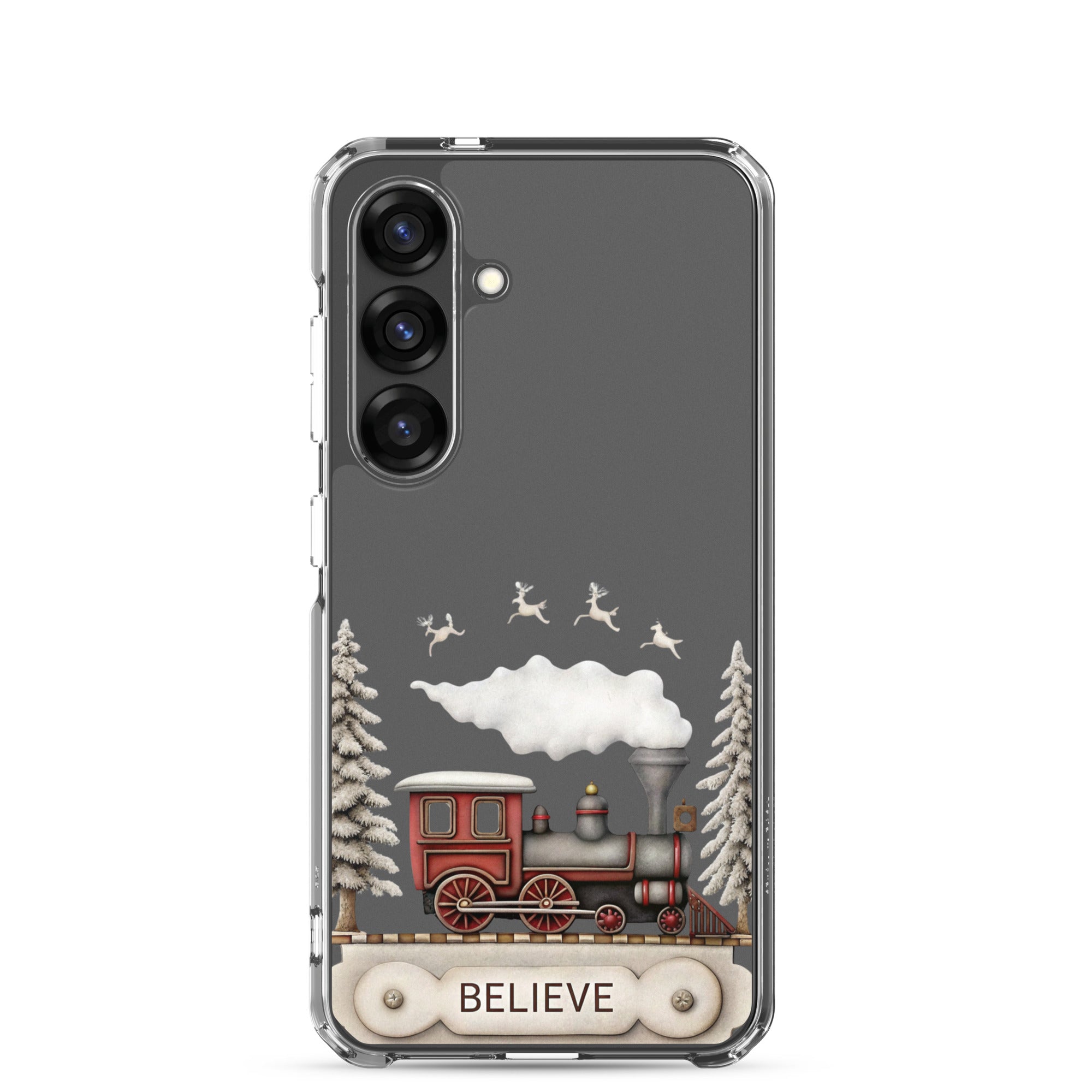 Believe Winter Train Clear Case for Samsung Galaxy S25 – Minimal Christmas Protective Cover