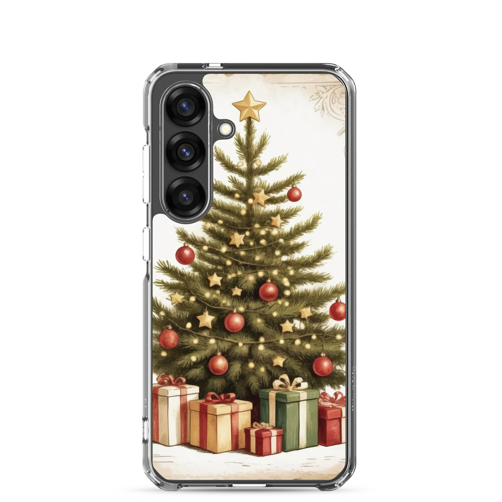 Christmas Tree with Gifts Clear Case for Samsung Galaxy S25 – Festive Holiday Protective Cover