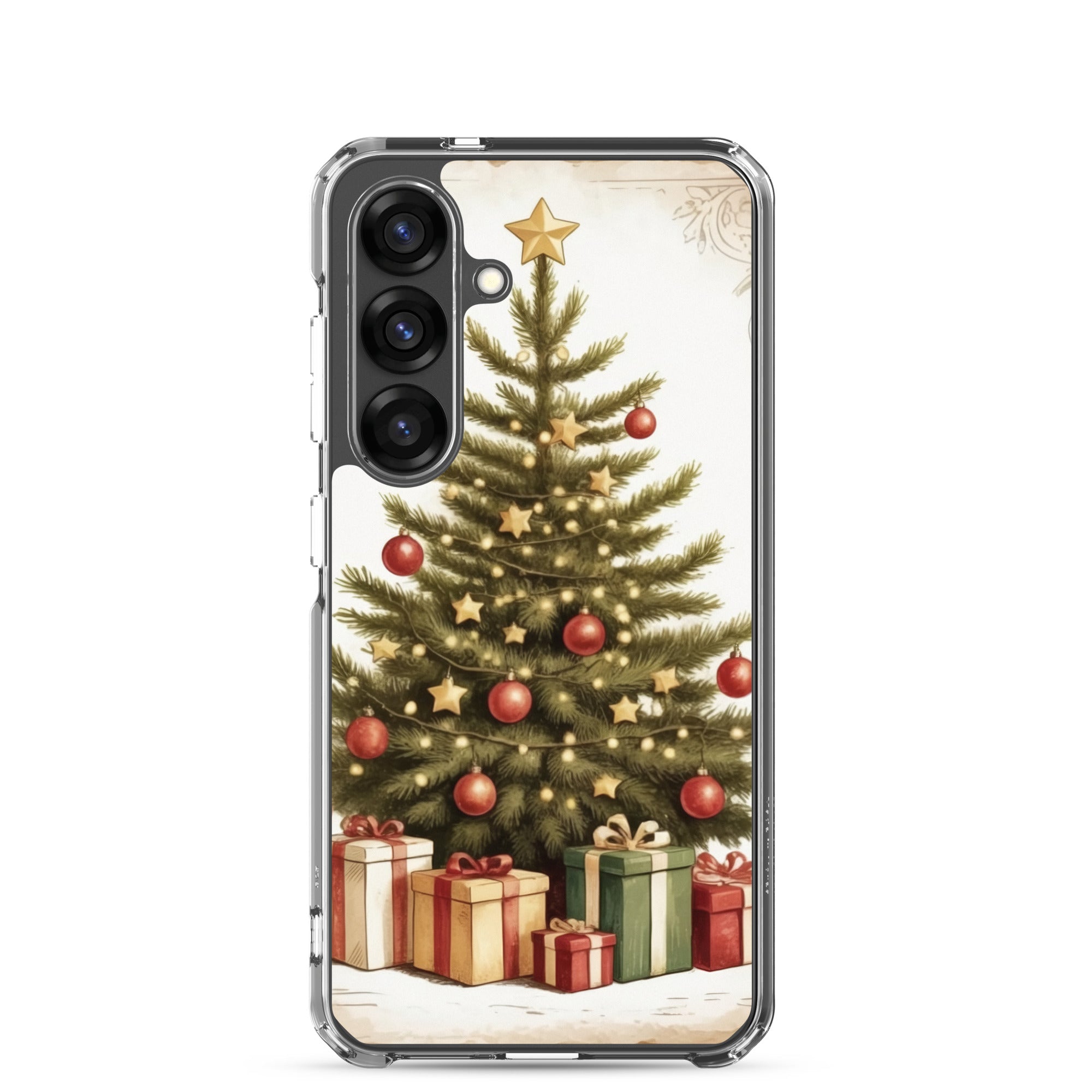 Christmas Tree with Gifts Clear Case for Samsung Galaxy S25 – Festive Holiday Protective Cover