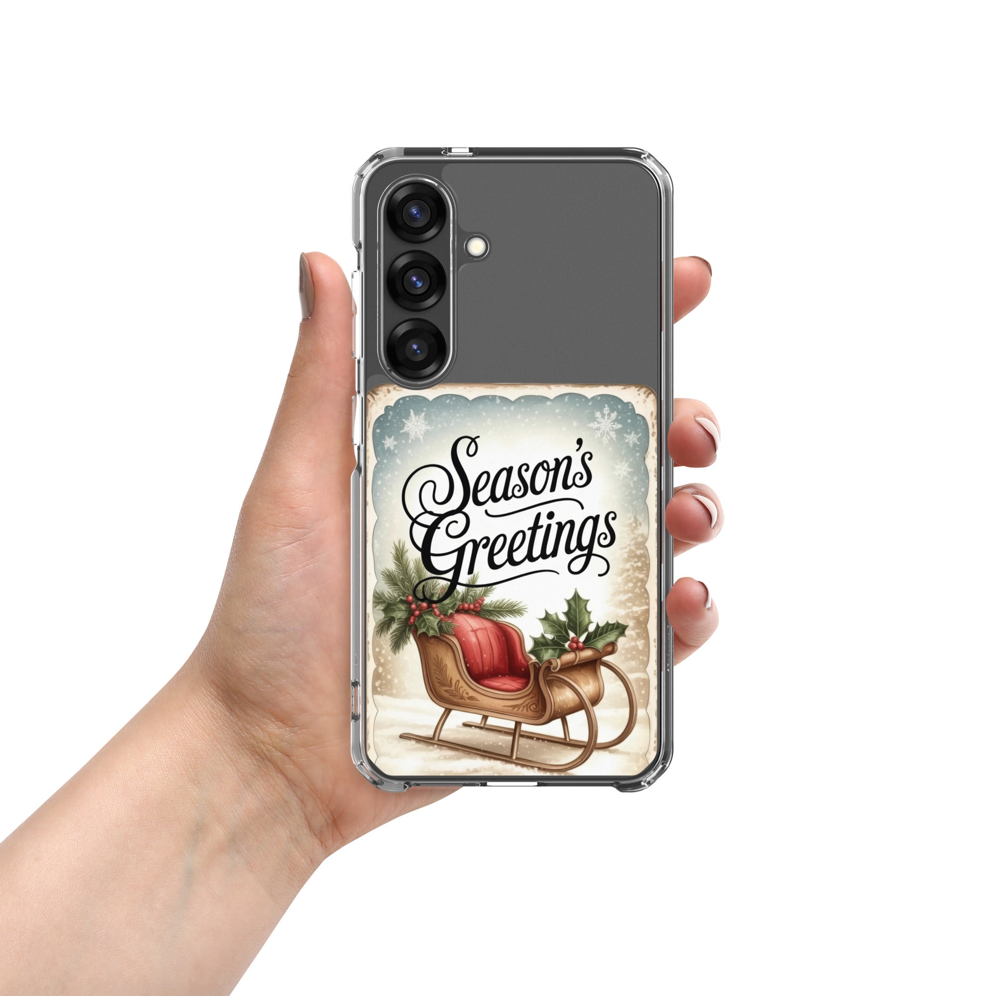 Season’s Greetings Sleigh Clear Case for Samsung Galaxy S25 – Vintage Christmas Protective Cover