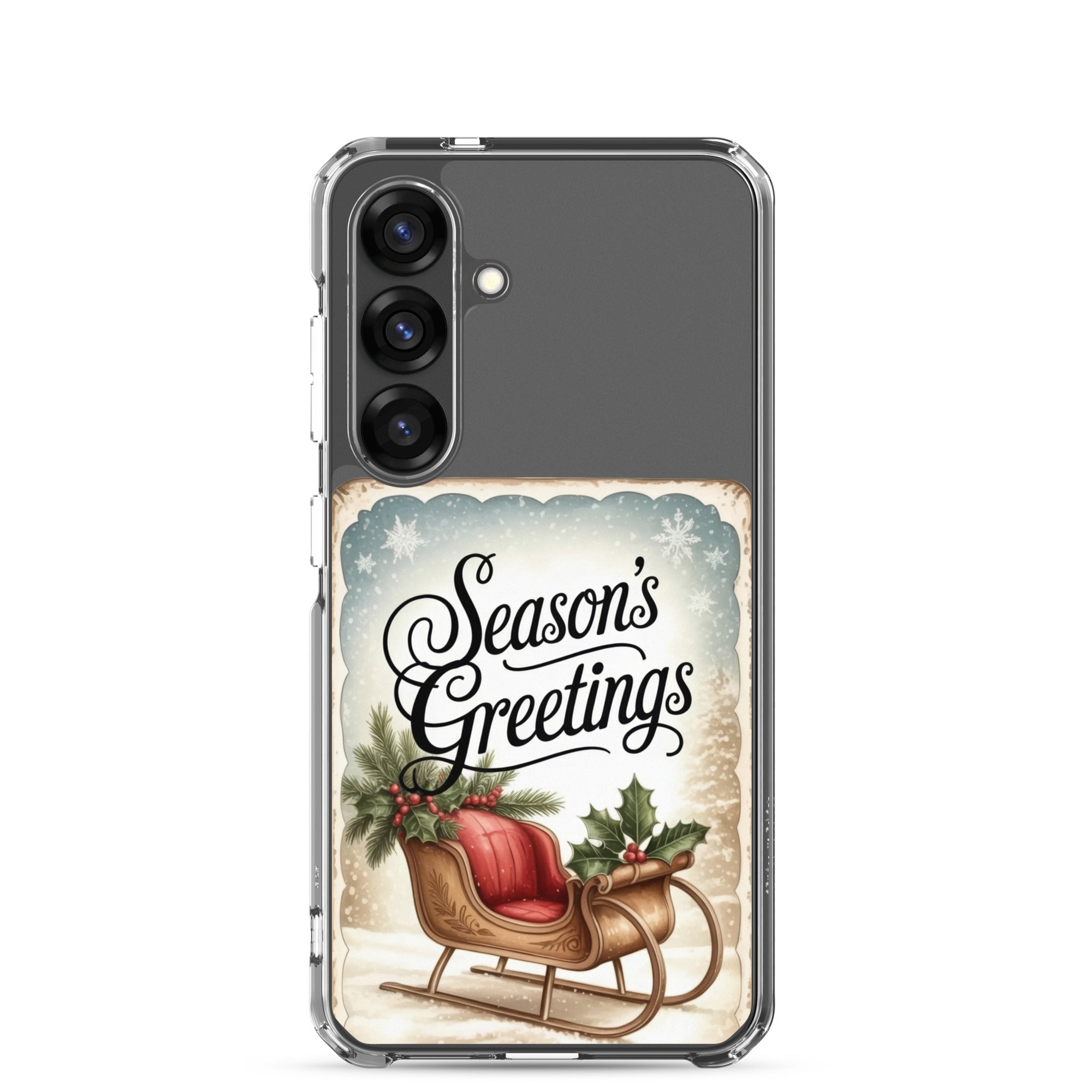 Season’s Greetings Sleigh Clear Case for Samsung Galaxy S25 – Vintage Christmas Protective Cover