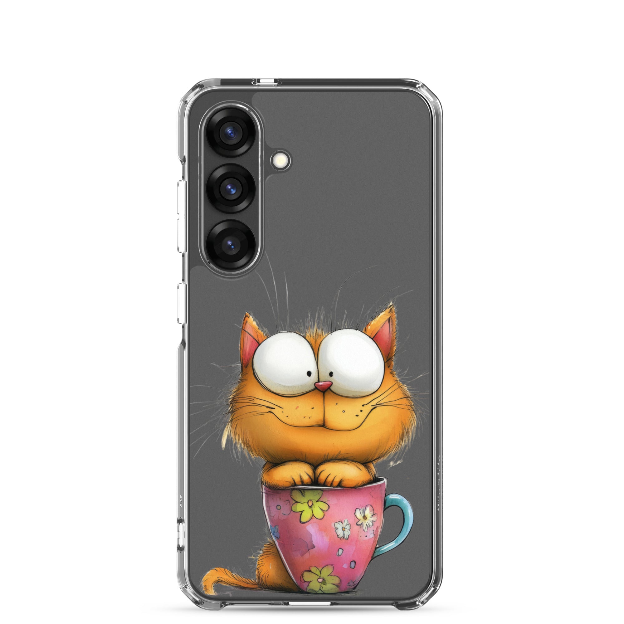 Cute Cat in a Cup Clear Case for Samsung Galaxy S25 – Playful Illustrated Protective Cover