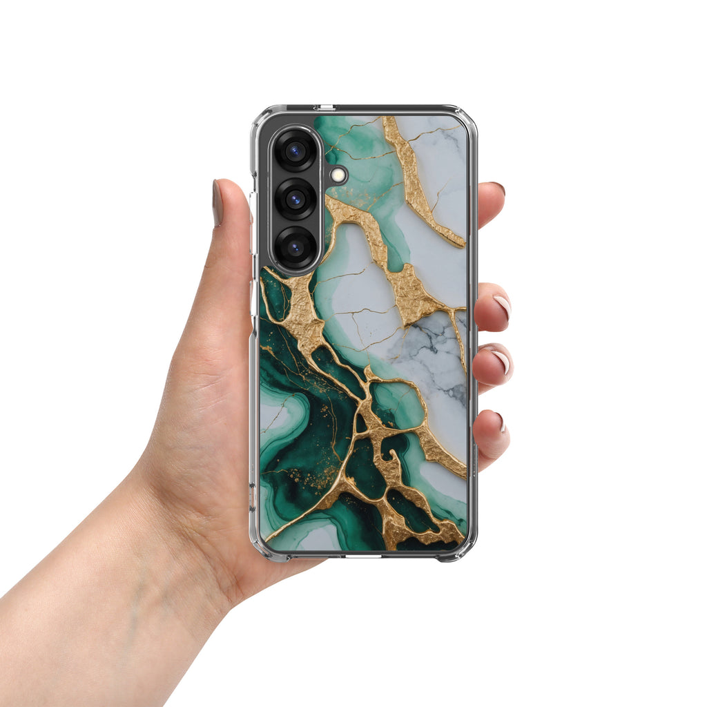 Emerald Green Marble Gold Veins Clear Case for Samsung Galaxy S25 – Luxury Stone Protective Cover