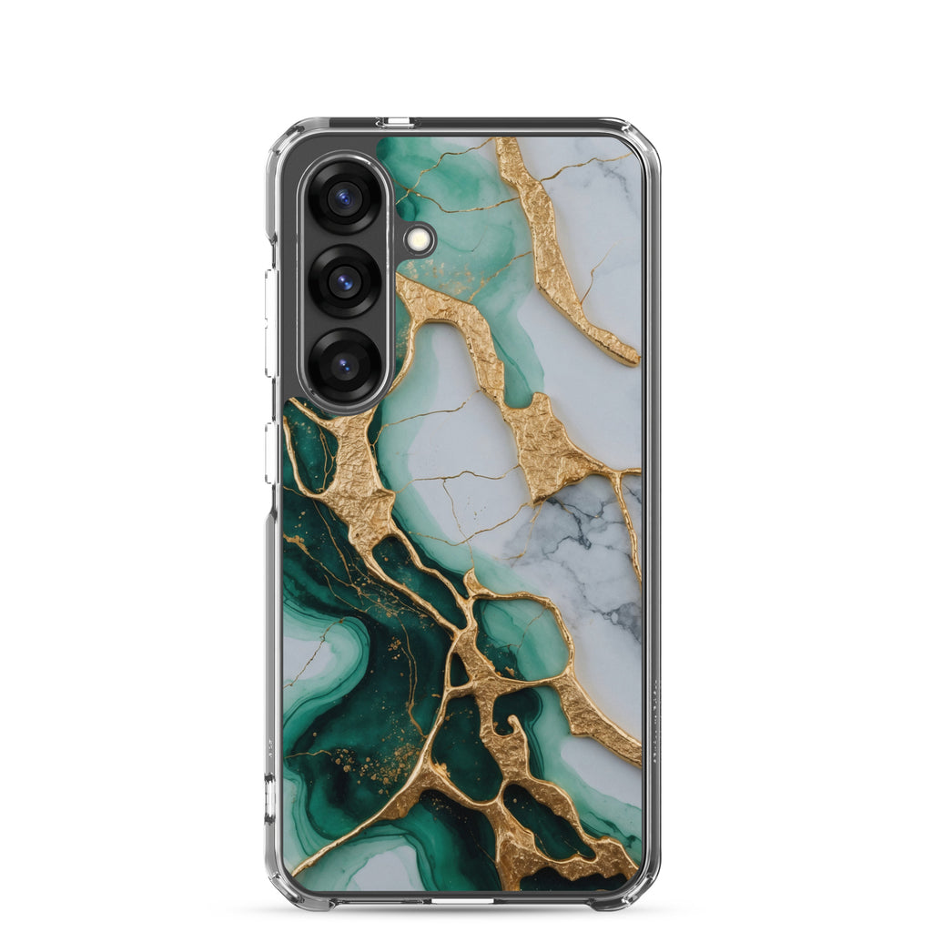 Emerald Green Marble Gold Veins Clear Case for Samsung Galaxy S25 – Luxury Stone Protective Cover