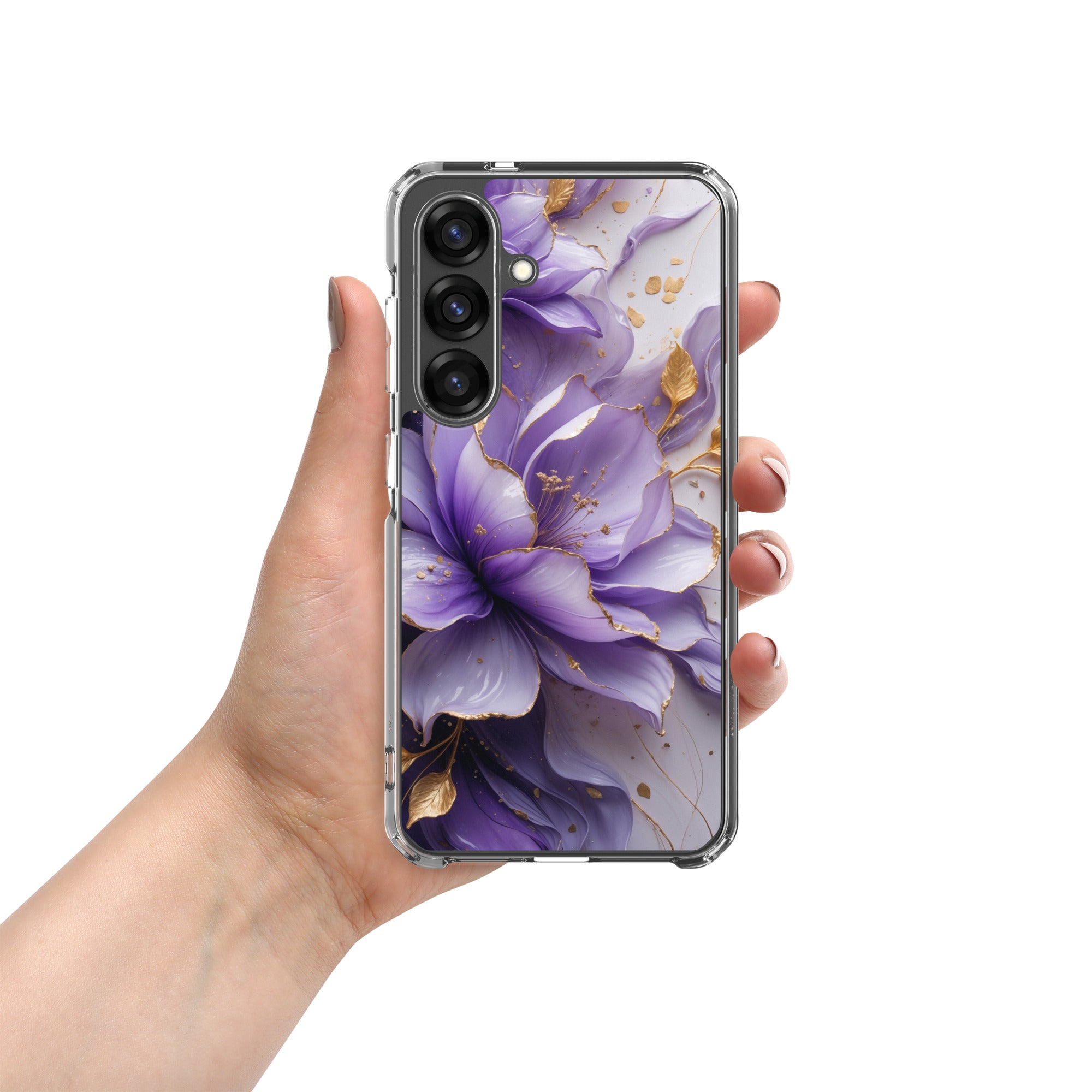 Purple Floral Gold Clear Case for Samsung Galaxy S25 – Elegant Flower Protective Cover
