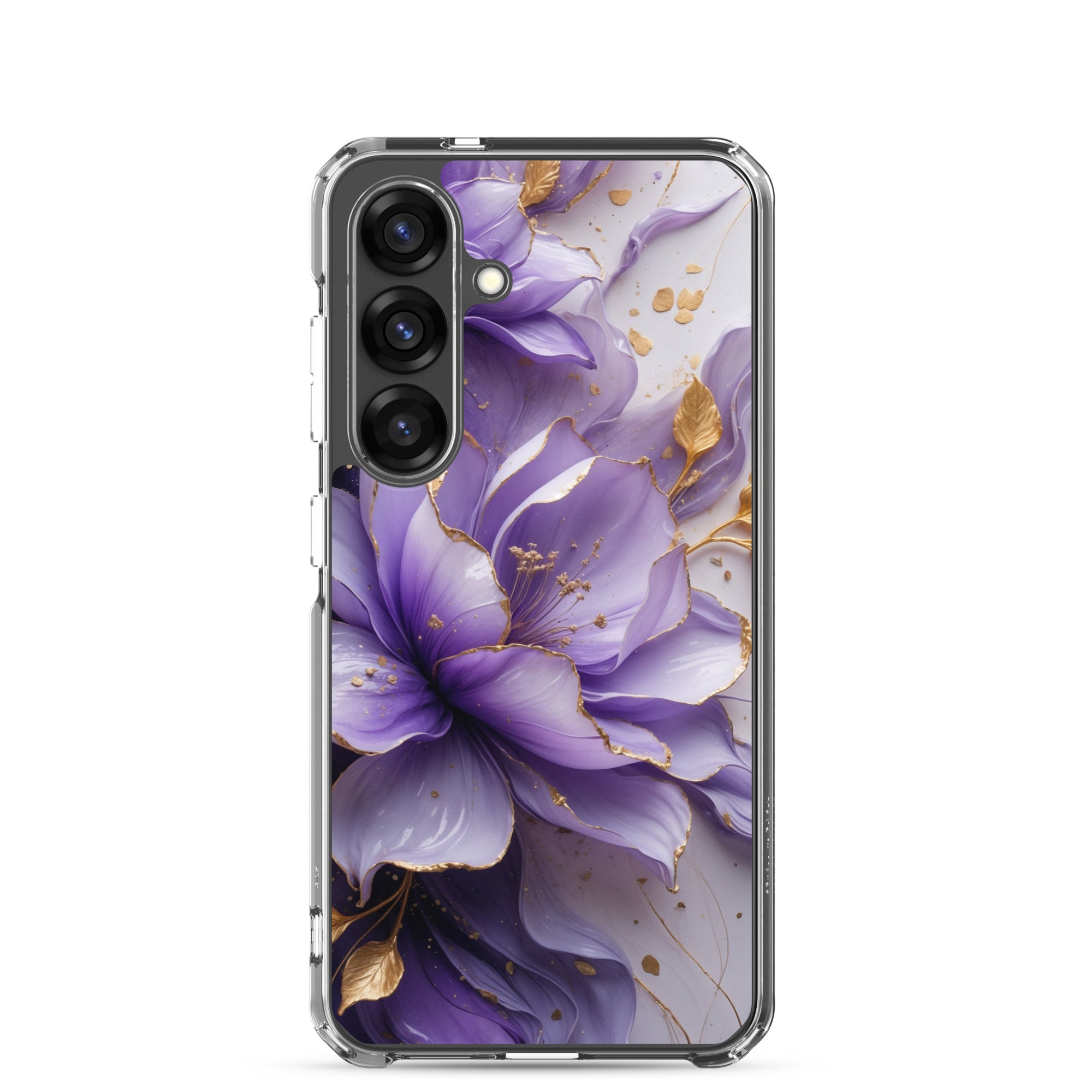 Purple Floral Gold Clear Case for Samsung Galaxy S25 – Elegant Flower Protective Cover