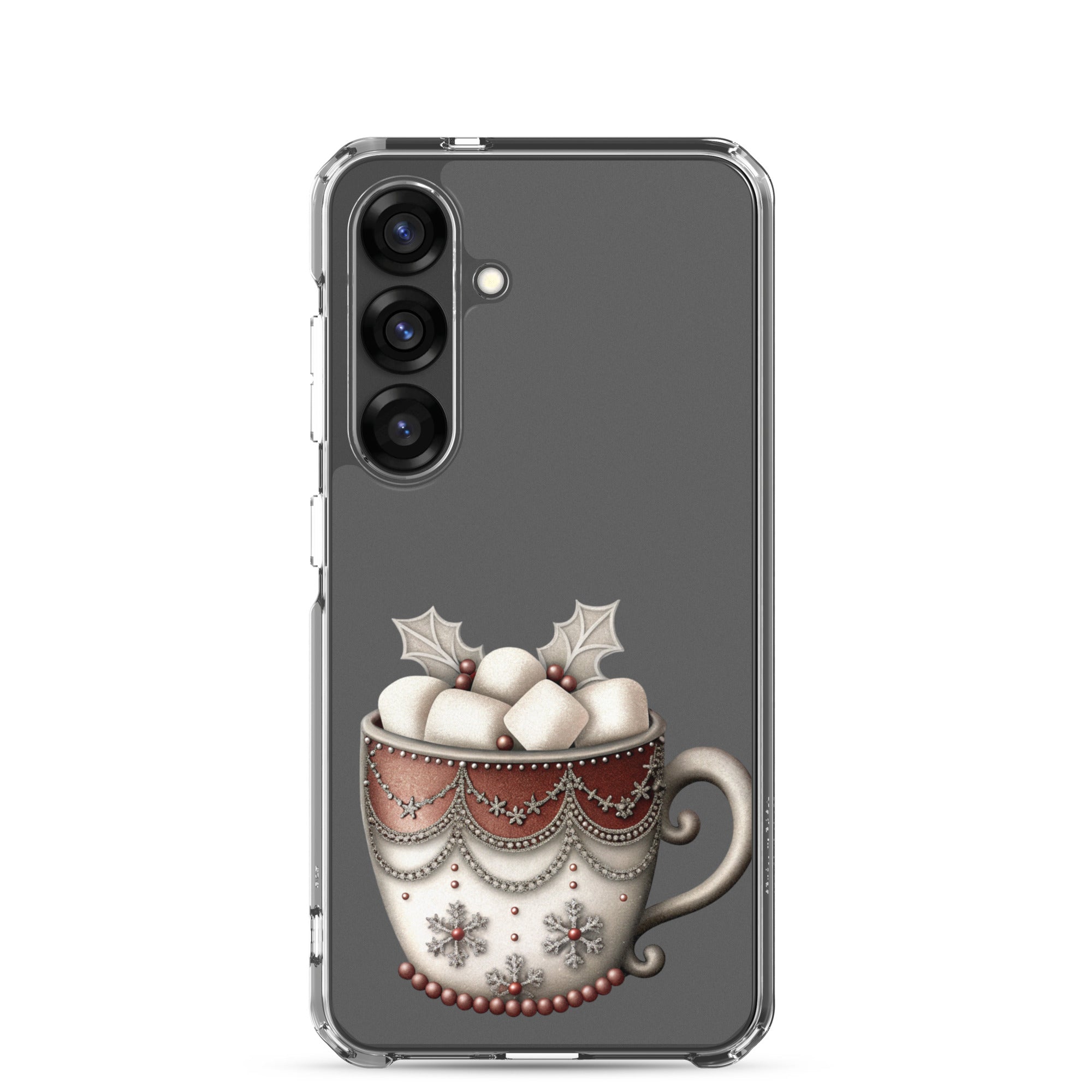 Festive Winter Mug Clear Case for Samsung Galaxy S25 – Cozy Holiday Hot Cocoa Protective Cover