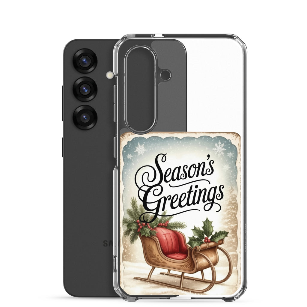 Season’s Greetings Sleigh Clear Case for Samsung Galaxy S25 – Vintage Christmas Protective Cover