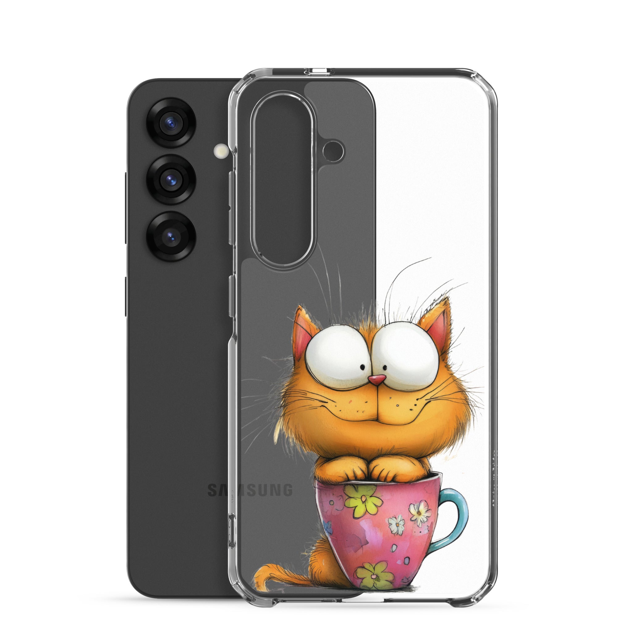 Cute Cat in a Cup Clear Case for Samsung Galaxy S25 – Playful Illustrated Protective Cover
