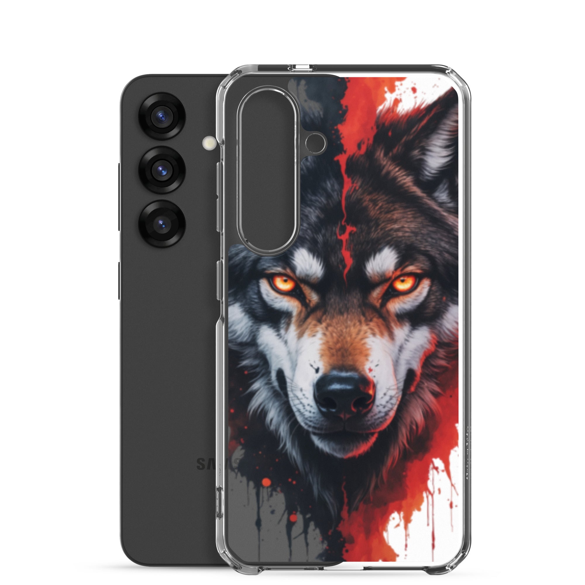 Fierce Wolf Portrait Clear Case for Samsung Galaxy S25 – Dark Animal Art Protective Cover