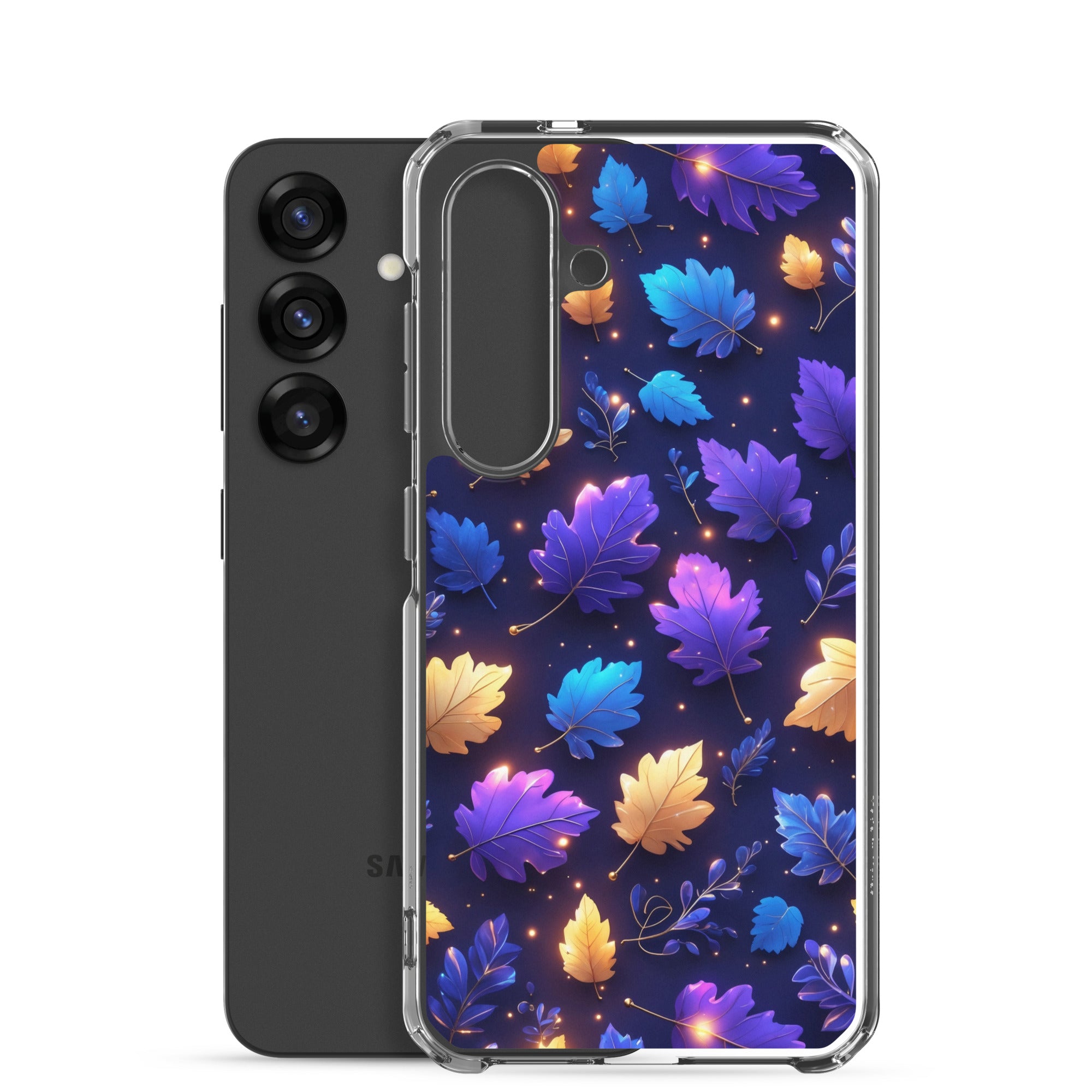 Glowing Autumn Leaves Clear Case for Samsung Galaxy S25 – Colorful Night Nature Protective Cover