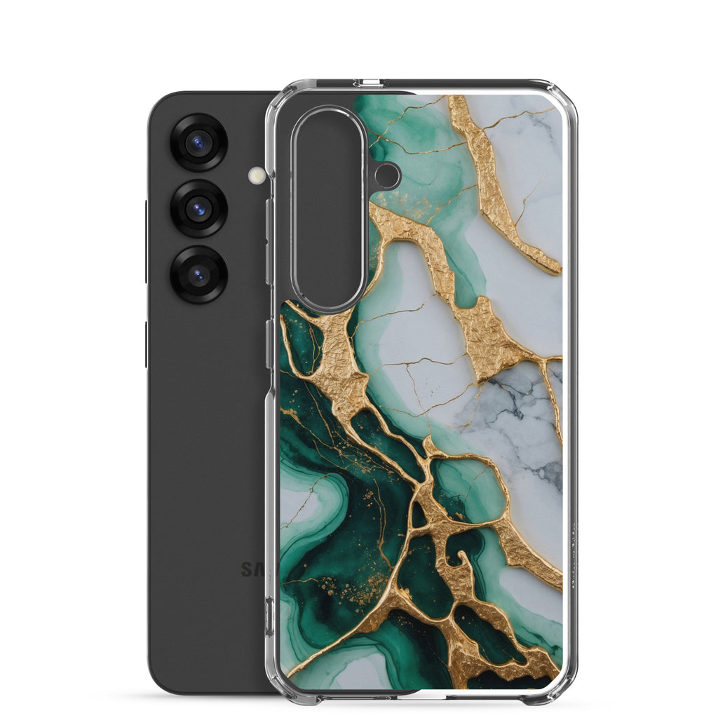 Emerald Green Marble Gold Veins Clear Case for Samsung Galaxy S25 – Luxury Stone Protective Cover