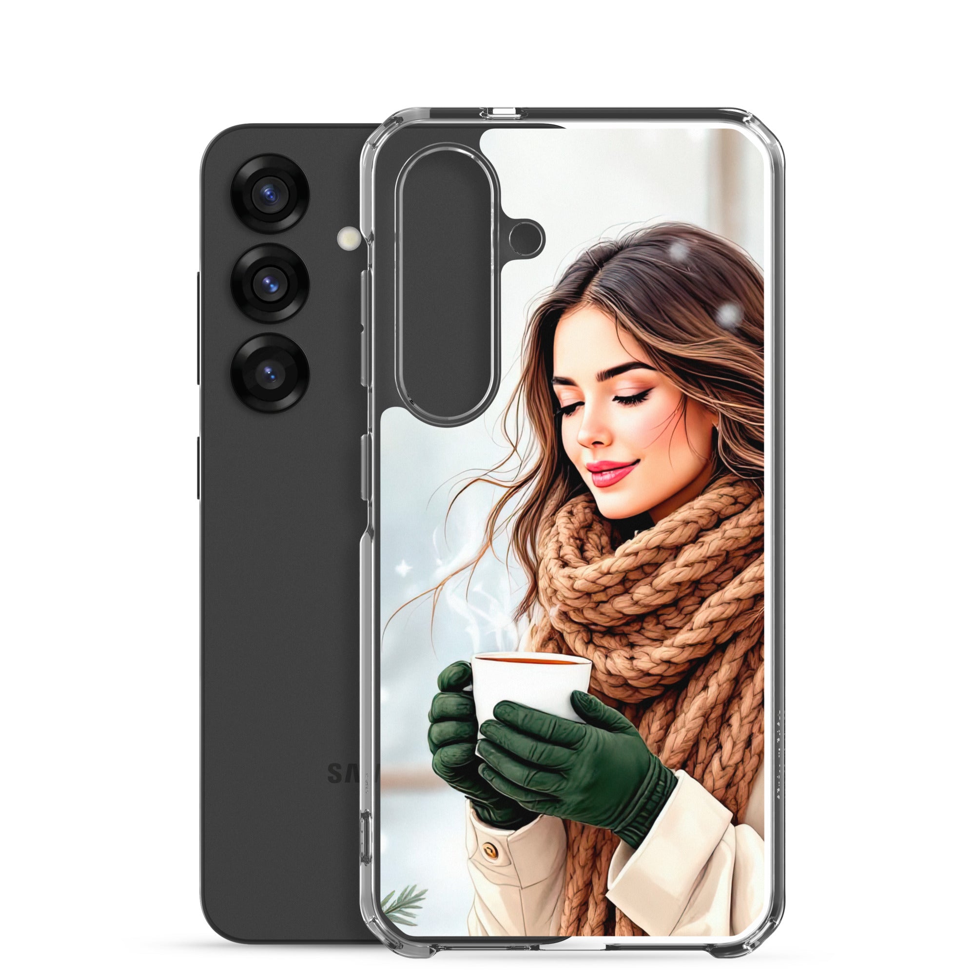 Winter Coffee Moment Clear Case for Samsung Galaxy S25 – Cozy Portrait Protective Cover