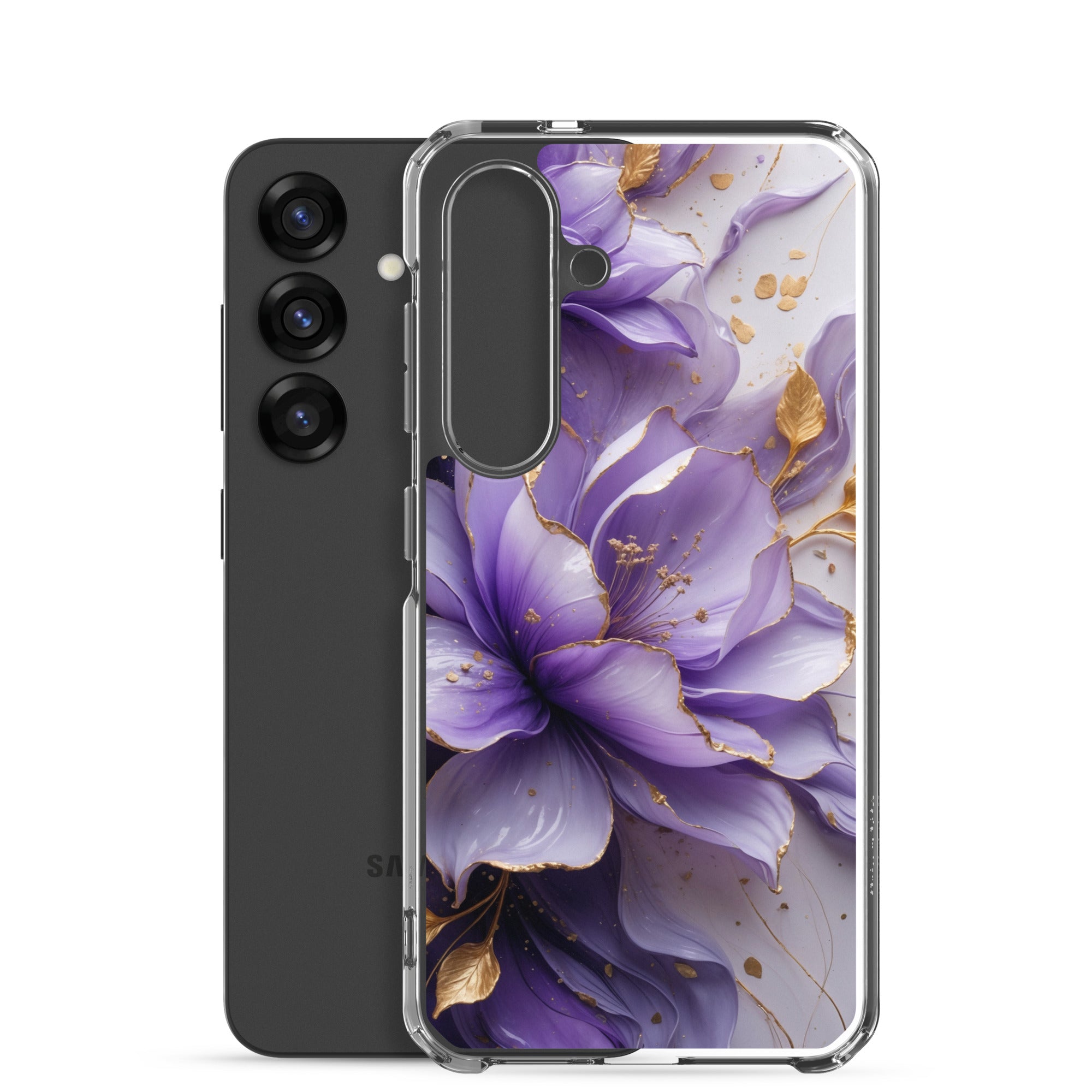 Purple Floral Gold Clear Case for Samsung Galaxy S25 – Elegant Flower Protective Cover