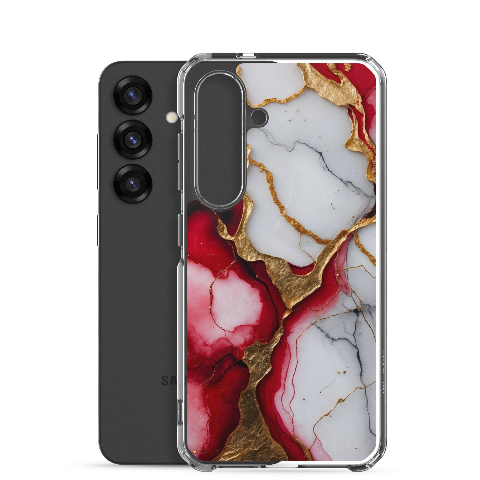 Red Marble Gold Veins Clear Case for Samsung Galaxy S25 – Luxury Abstract Protective Cover