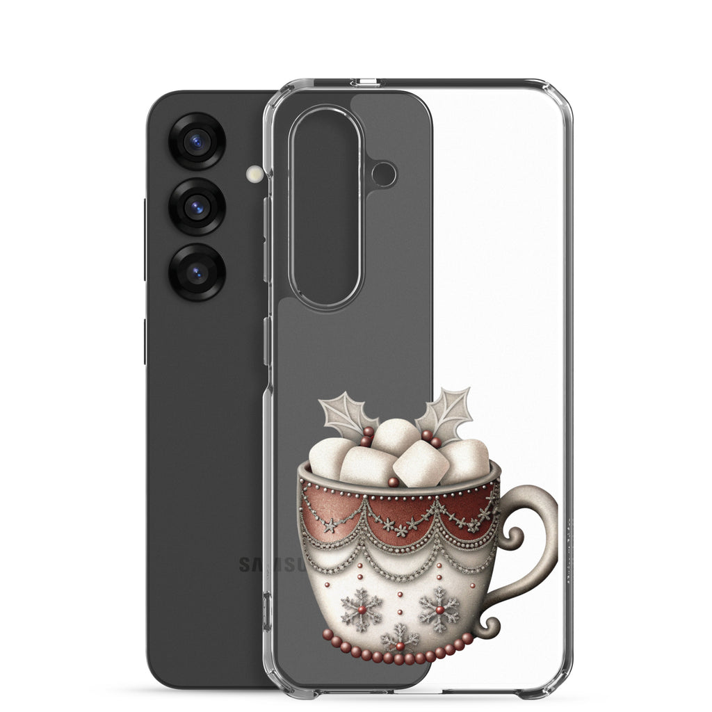 Festive Winter Mug Clear Case for Samsung Galaxy S25 – Cozy Holiday Hot Cocoa Protective Cover