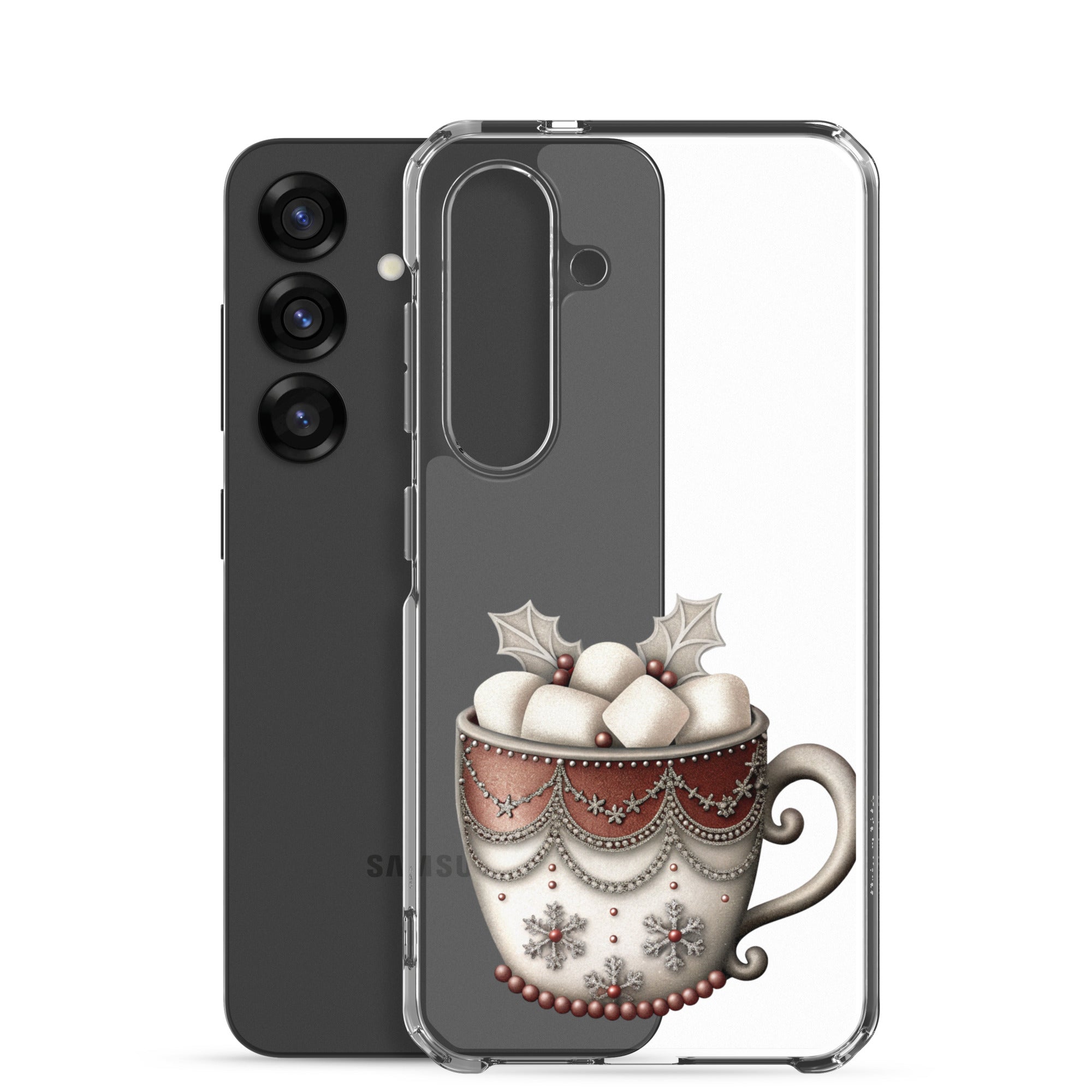 Festive Winter Mug Clear Case for Samsung Galaxy S25 – Cozy Holiday Hot Cocoa Protective Cover