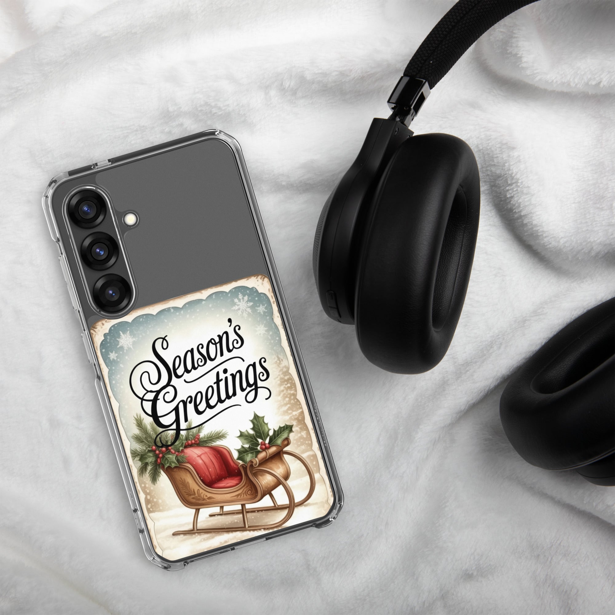 Season’s Greetings Sleigh Clear Case for Samsung Galaxy S25 – Vintage Christmas Protective Cover