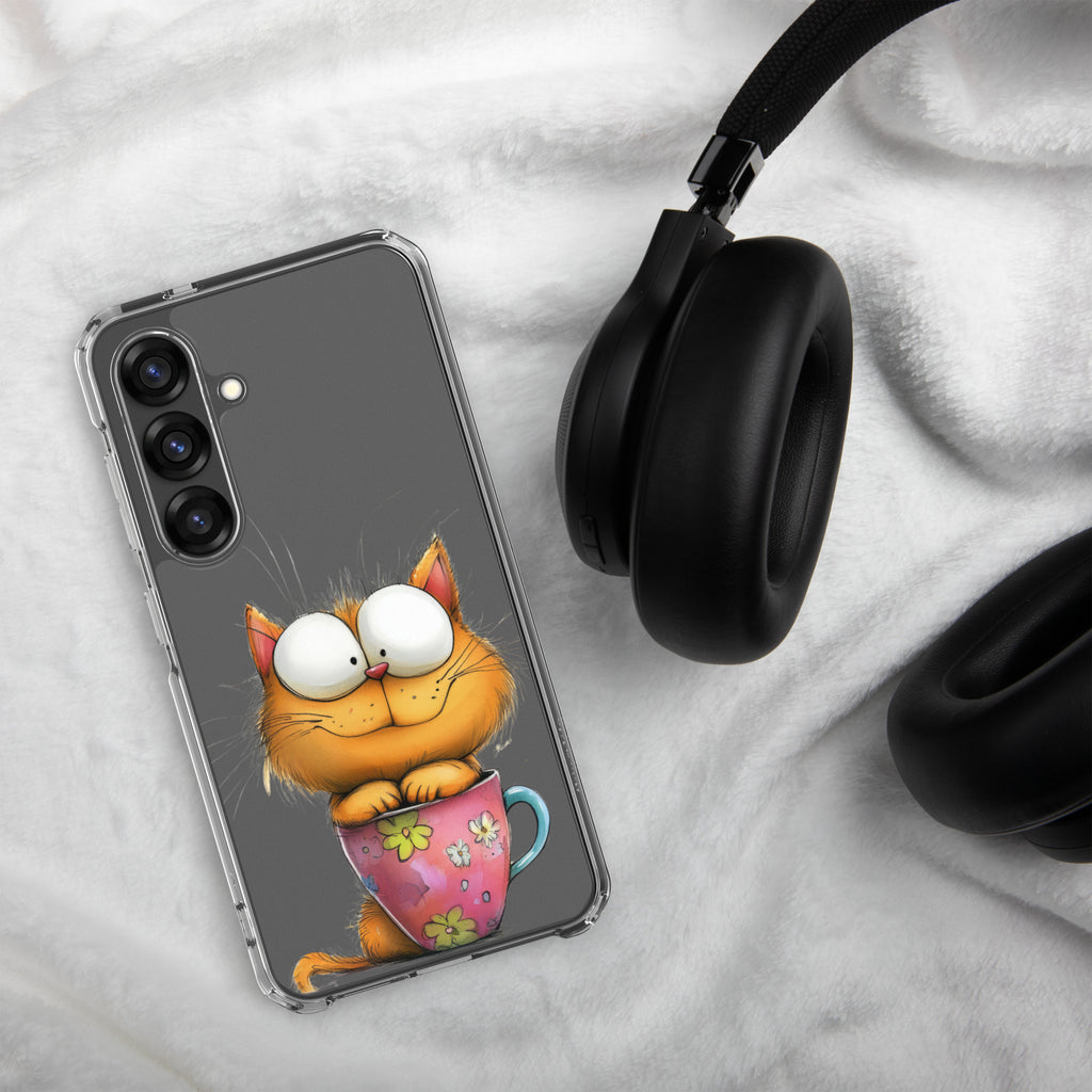 Cute Cat in a Cup Clear Case for Samsung Galaxy S25 – Playful Illustrated Protective Cover