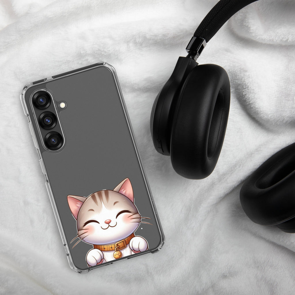Cute Smiling Cat Clear Case for Samsung Galaxy S25 – Minimal Kawaii Protective Cover