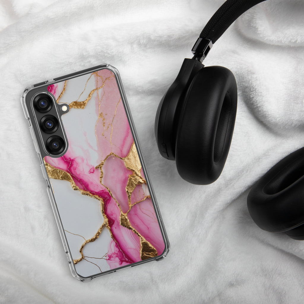 Pink Marble Gold Veins Clear Case for Samsung Galaxy S25 – Elegant Stone Protective Cover
