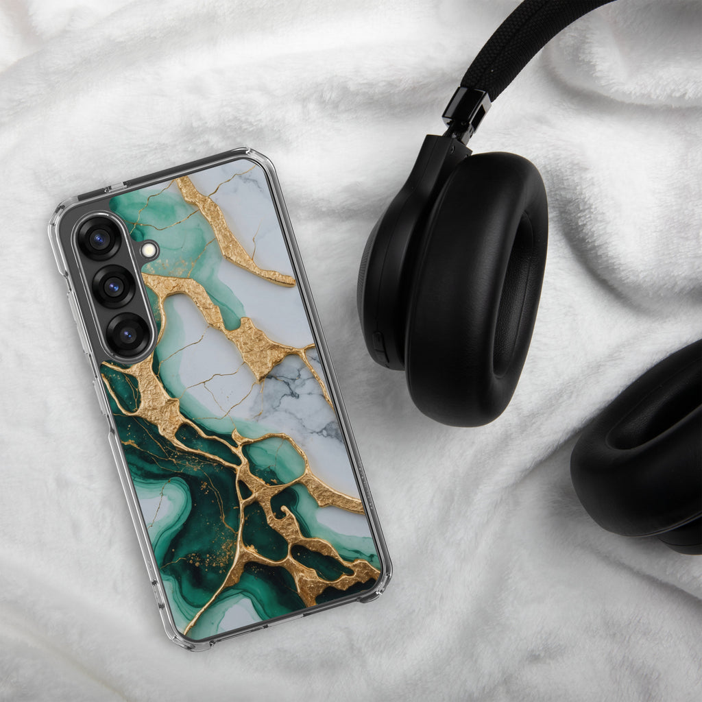 Emerald Green Marble Gold Veins Clear Case for Samsung Galaxy S25 – Luxury Stone Protective Cover