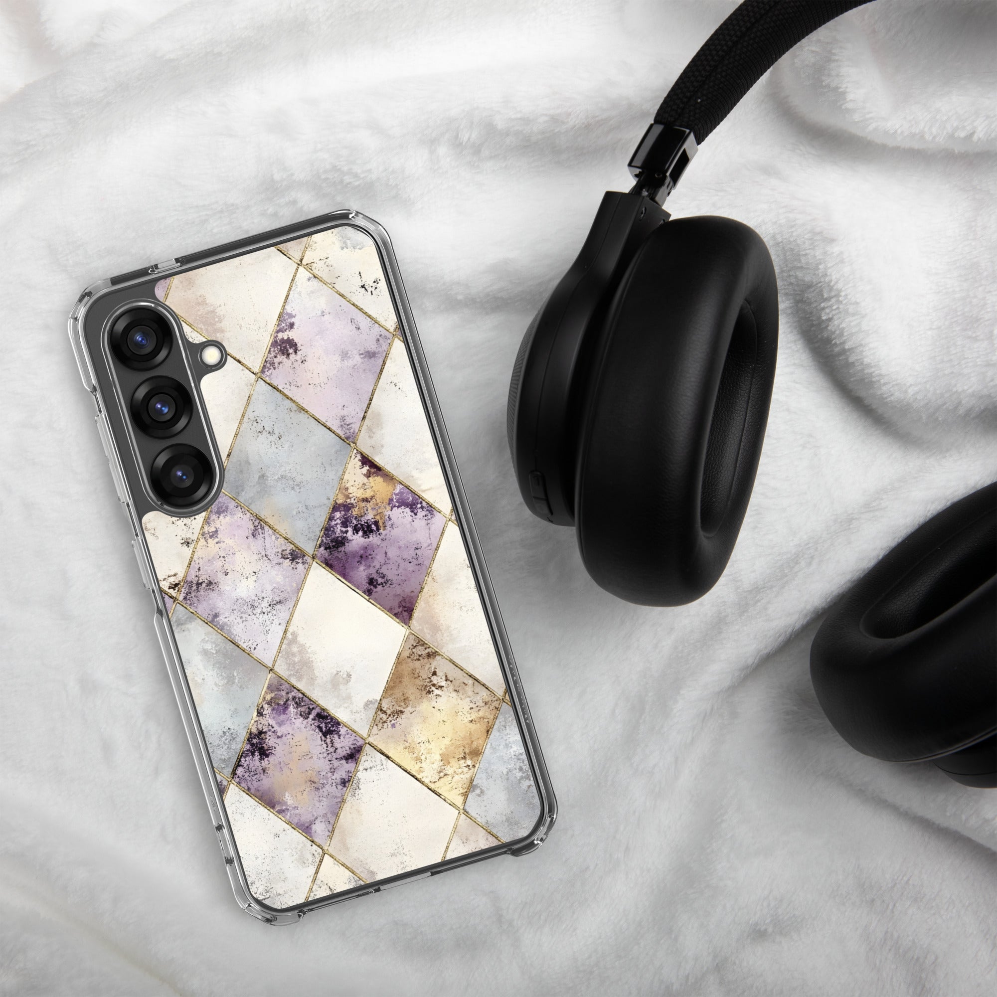 Golden Harlequin Damask Clear Case for Samsung Galaxy S25 – Elegant Geometric Gold Pattern Protective Cover