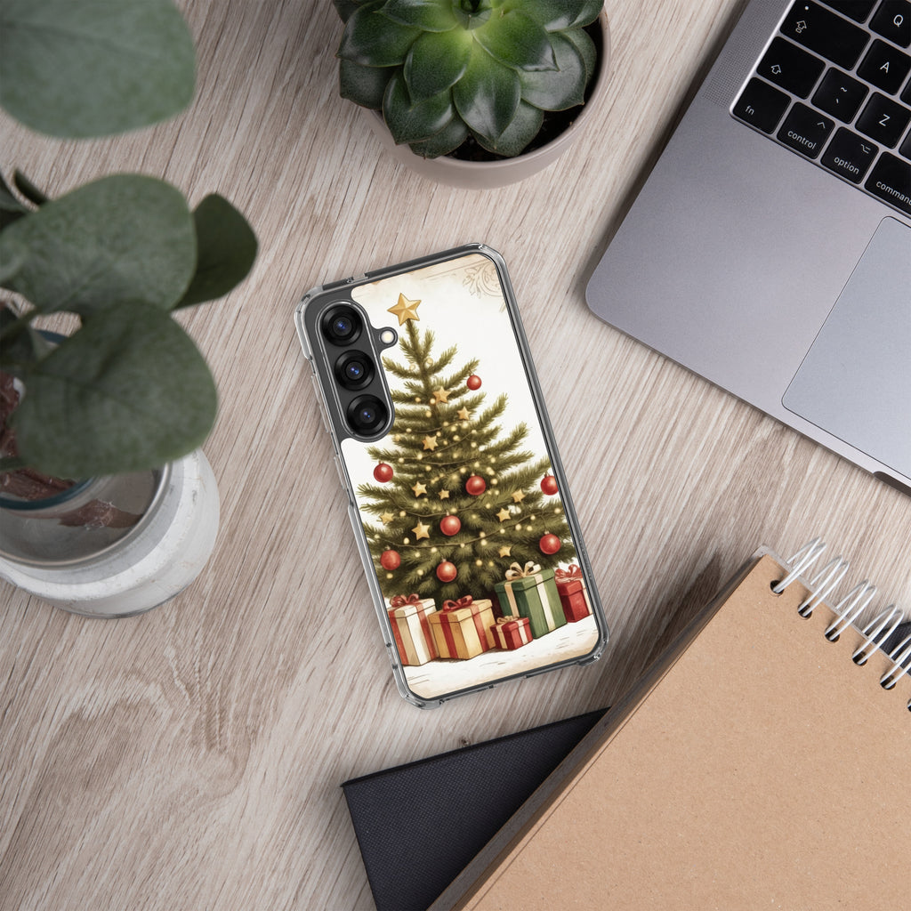 Christmas Tree with Gifts Clear Case for Samsung Galaxy S25 – Festive Holiday Protective Cover