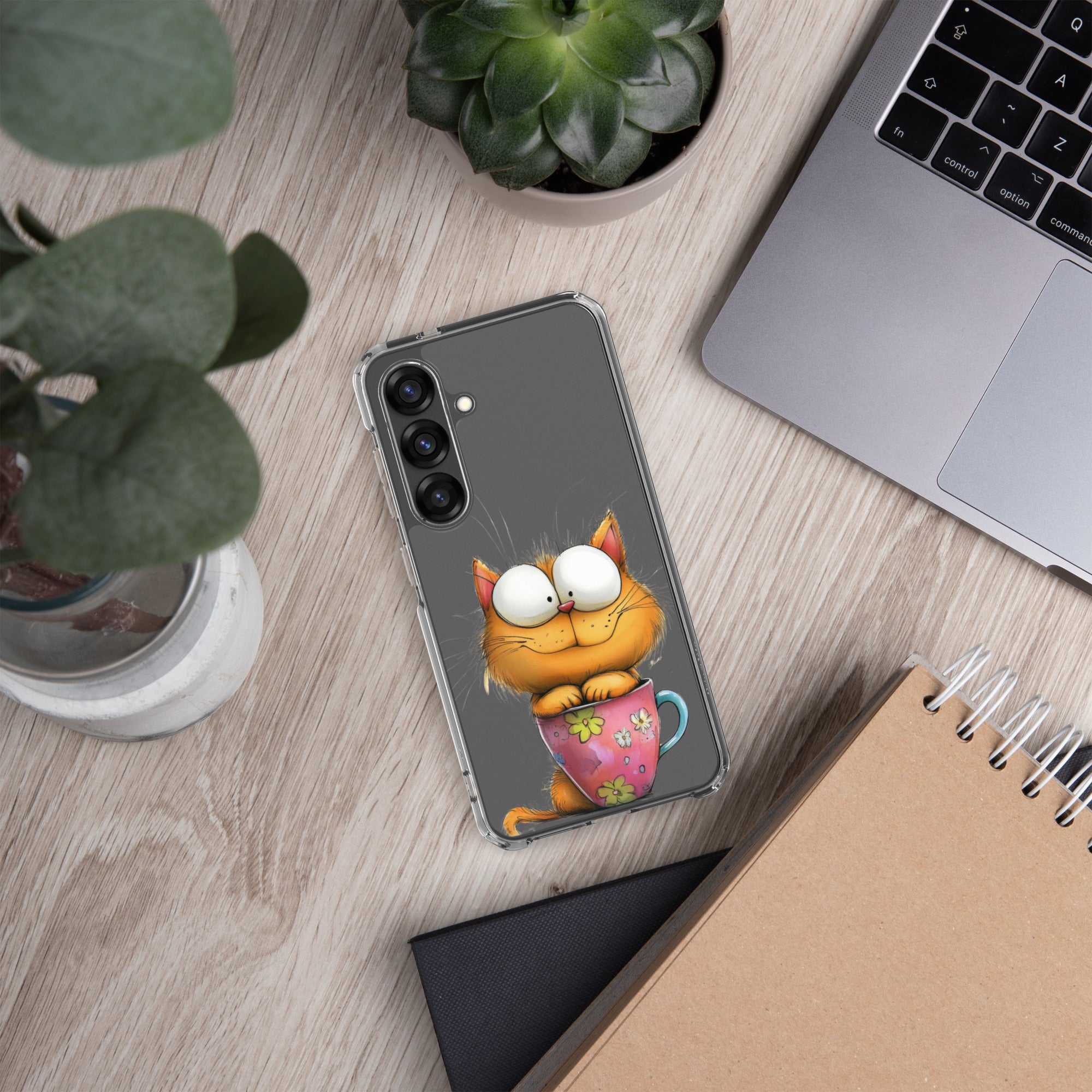 Cute Cat in a Cup Clear Case for Samsung Galaxy S25 – Playful Illustrated Protective Cover