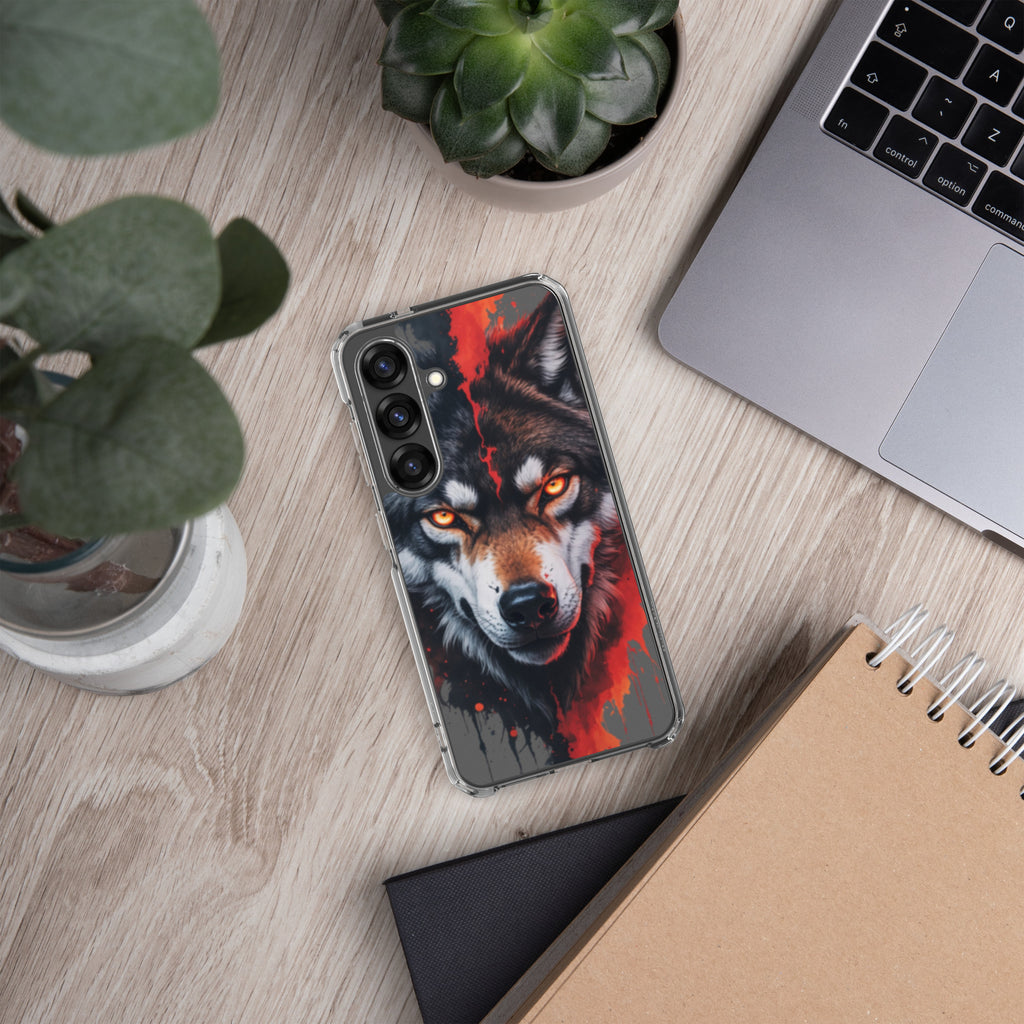 Fierce Wolf Portrait Clear Case for Samsung Galaxy S25 – Dark Animal Art Protective Cover