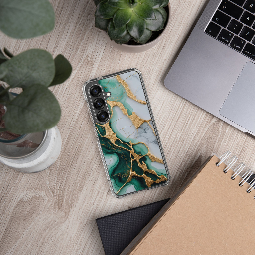 Emerald Green Marble Gold Veins Clear Case for Samsung Galaxy S25 – Luxury Stone Protective Cover