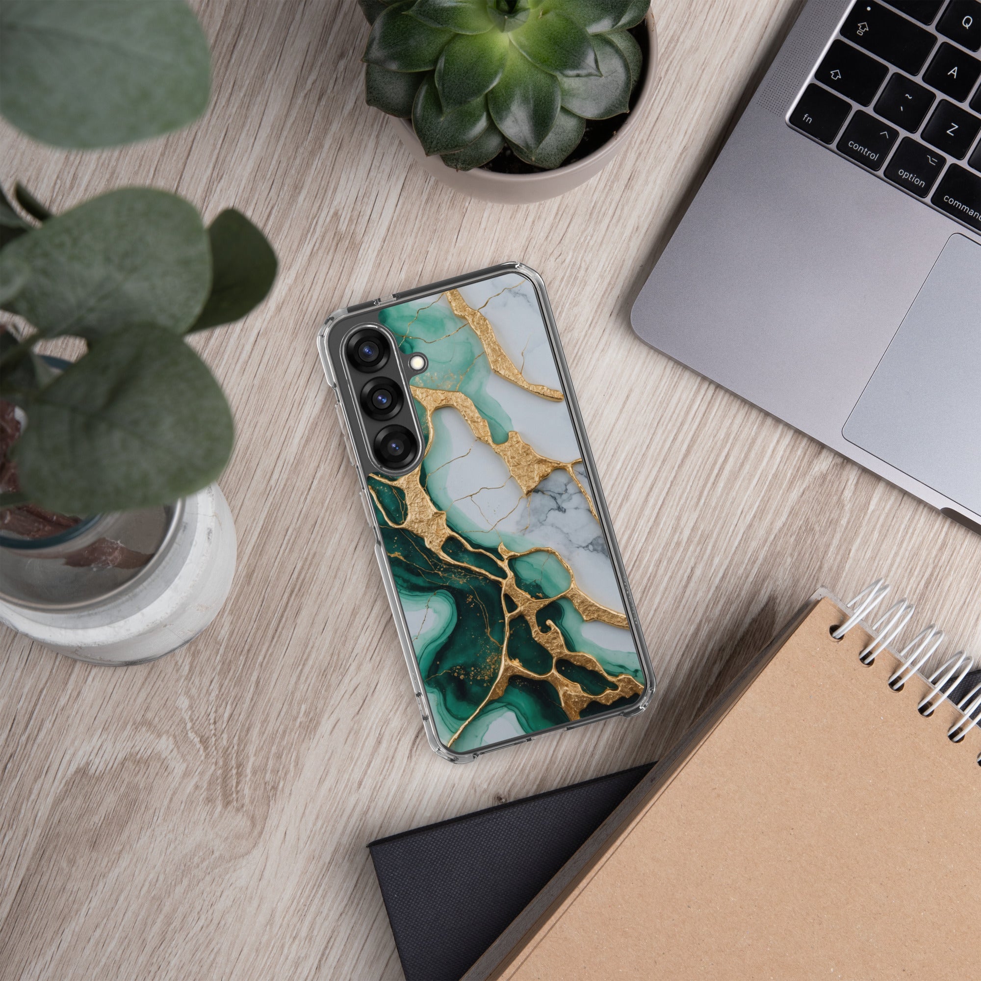 Emerald Green Marble Gold Veins Clear Case for Samsung Galaxy S25 – Luxury Stone Protective Cover