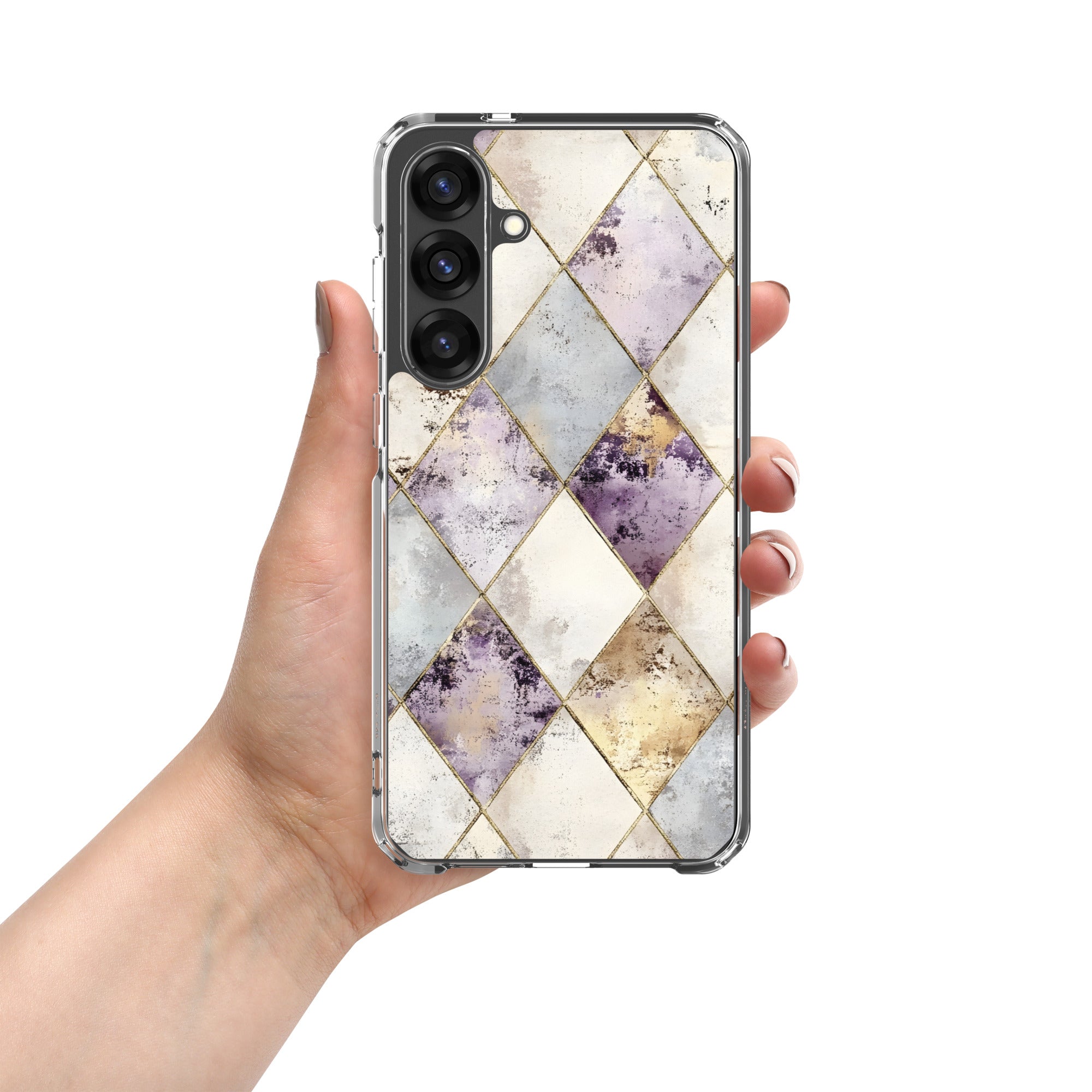 Golden Harlequin Damask Clear Case for Samsung Galaxy S25 Plus – Elegant Geometric Gold Pattern Protective Cover