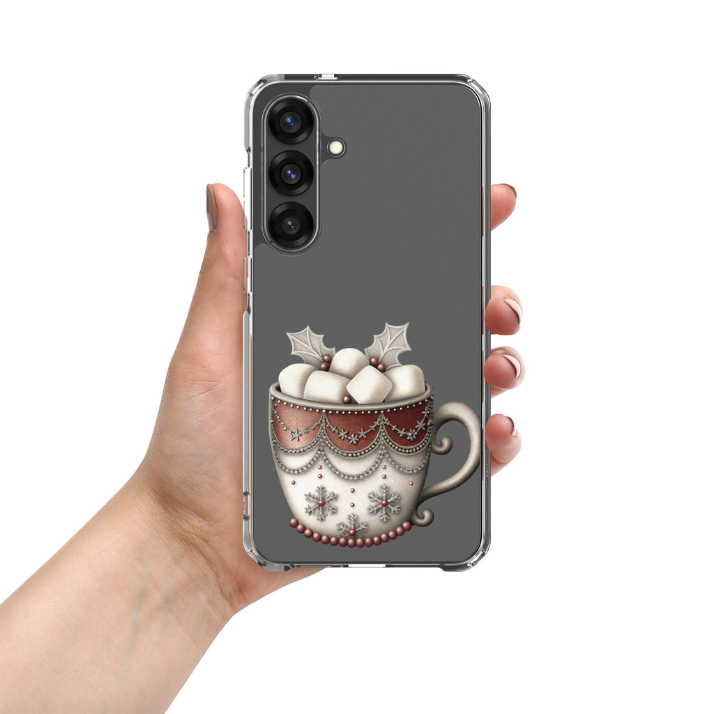 Festive Winter Mug Clear Case for Samsung Galaxy S25 Plus – Cozy Holiday Hot Cocoa Protective Cover