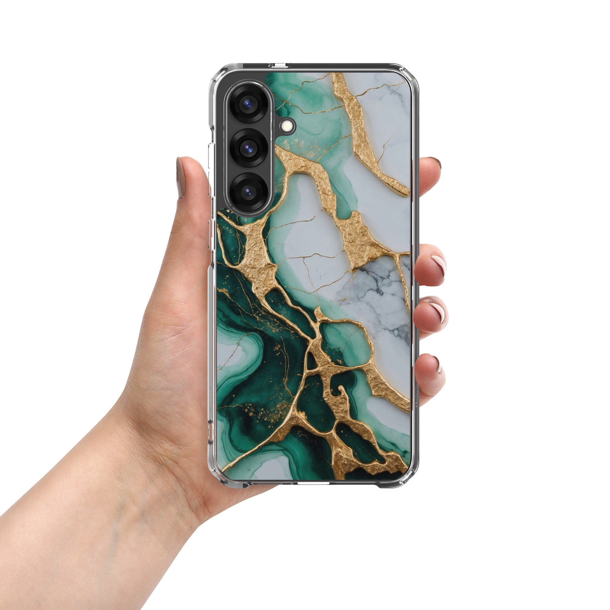 Emerald Green Marble Gold Veins Clear Case for Samsung Galaxy S25 Plus – Luxury Stone Protective Cover